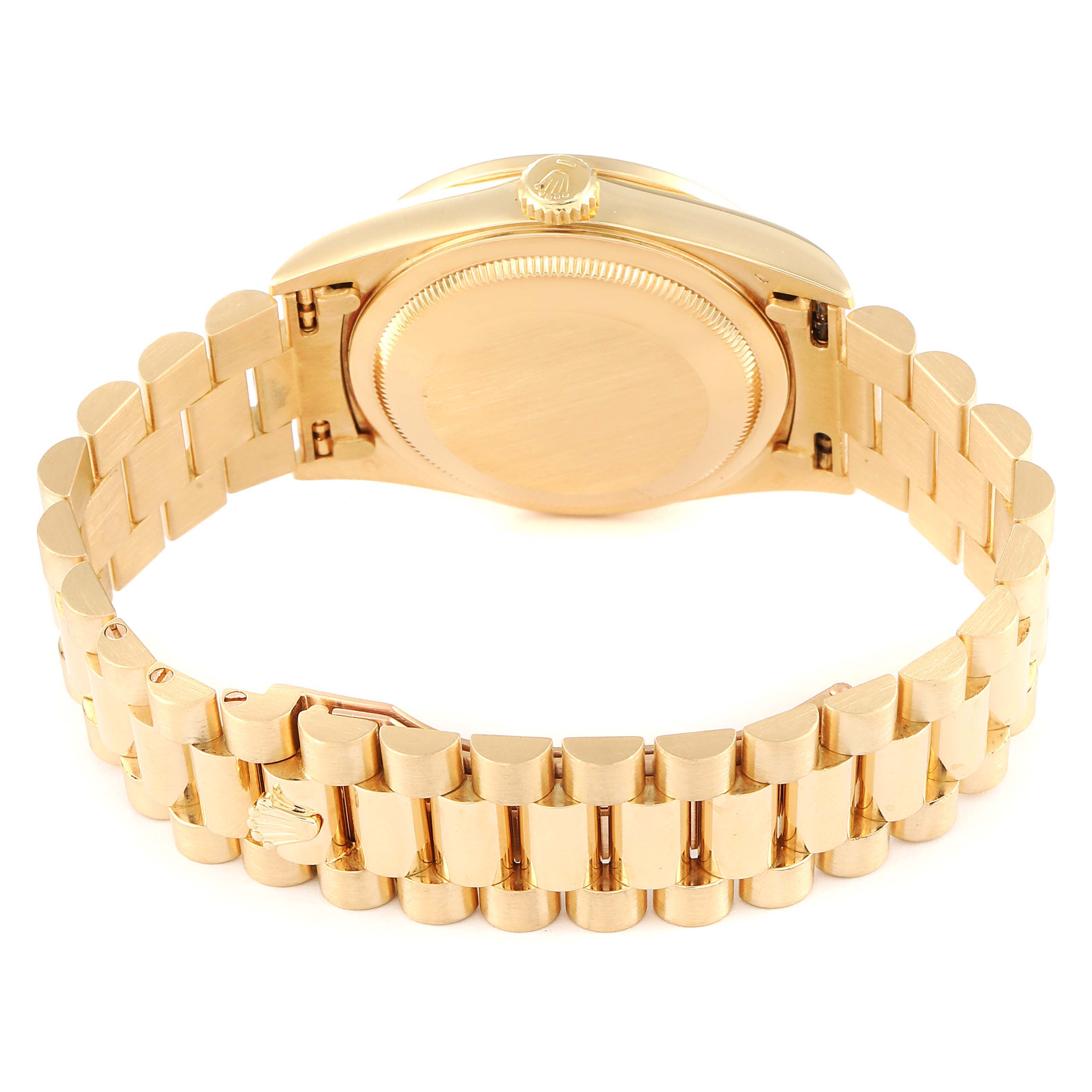 This image shows the back view of a Rolex President 18348 Men
s Yellow Gold Champagne Dial 18348 Men
s Yellow Gold Champagne Dial model watch, highlighting the bracelet and case back.