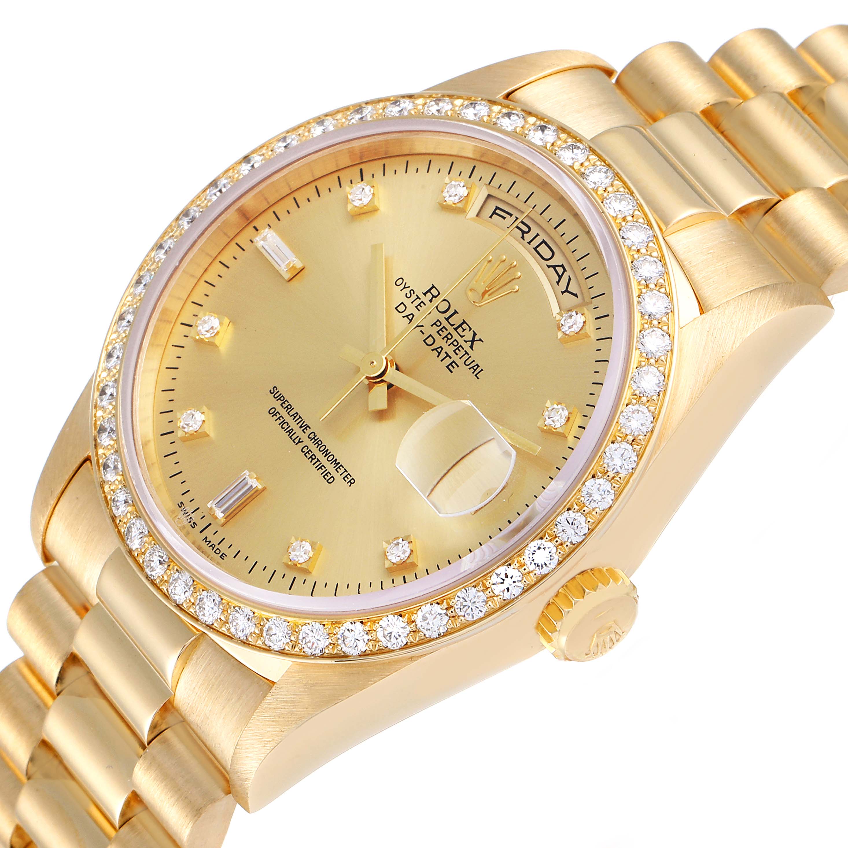 The image shows a close-up of the Rolex President 18348 Men
s Yellow Gold Champagne Dial 18348 Men
s Yellow Gold Champagne Dial model watch, highlighting the dial, bezel, and part of the bracelet.