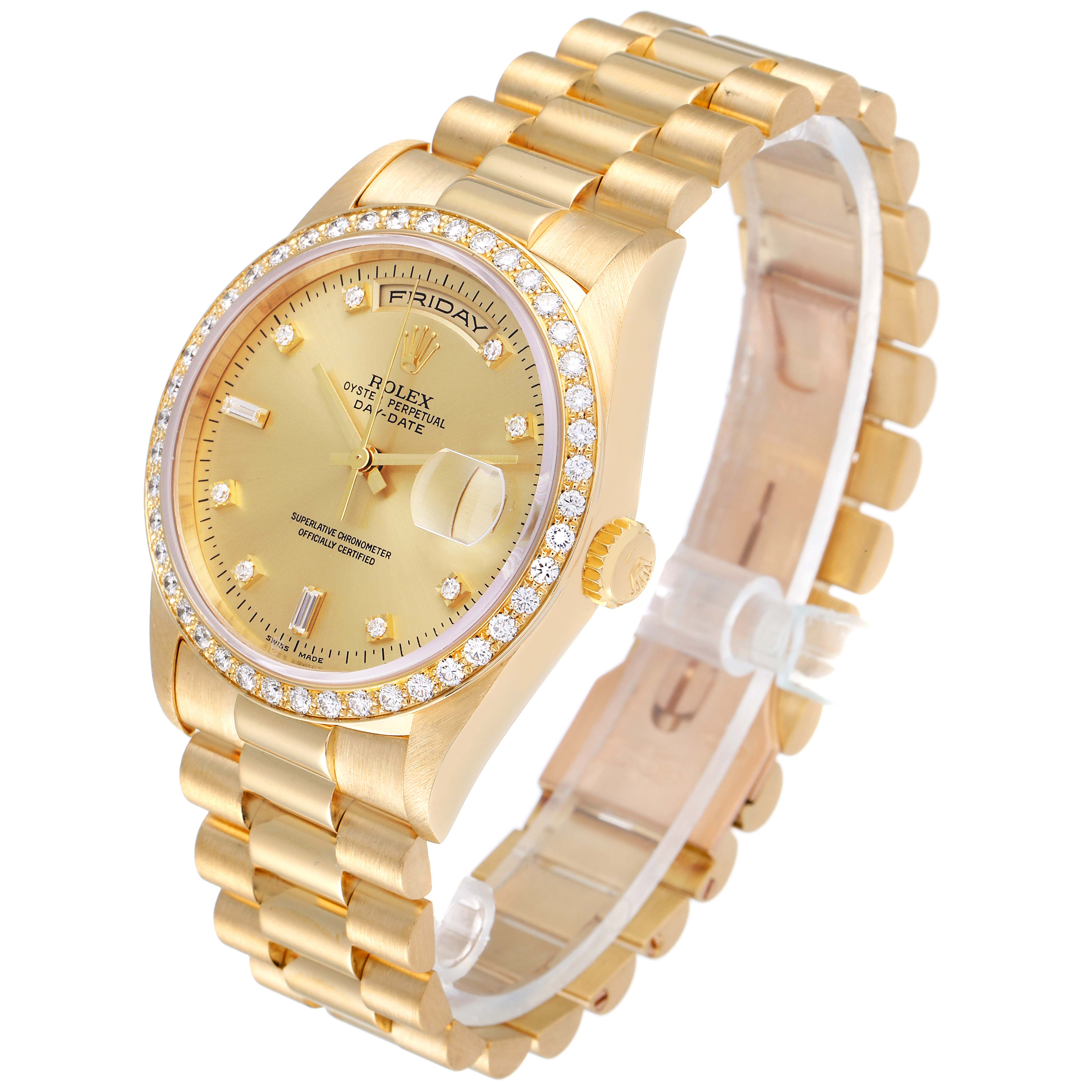 The Rolex President 18348 Men
s Yellow Gold Champagne Dial 18348 Men
s Yellow Gold Champagne Dial model watch is shown at a three-quarter angle, highlighting the dial, bezel, bracelet, and crown.