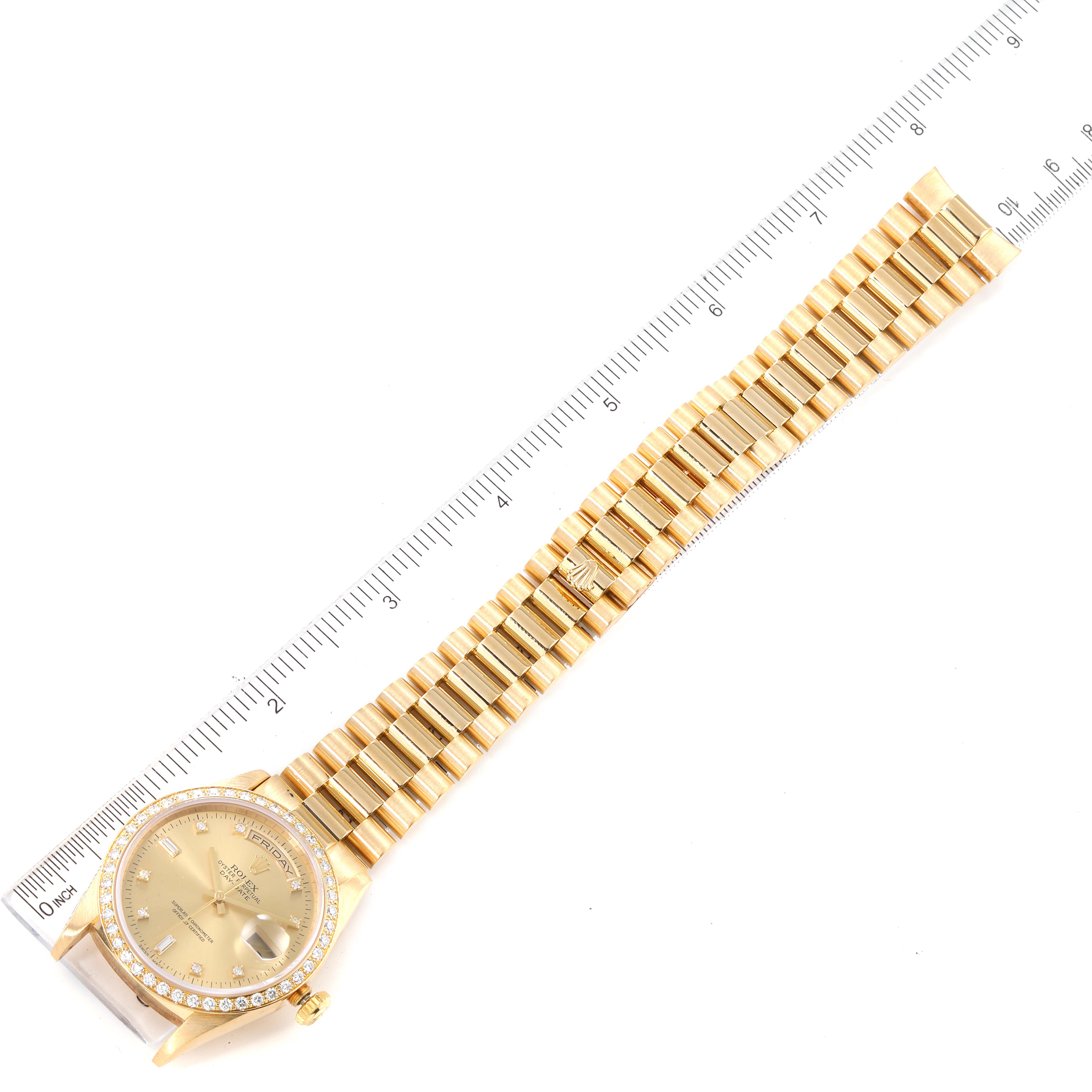 The image shows a full view of the Rolex President 18348 Men
s Yellow Gold Champagne Dial 18348 Men
s Yellow Gold Champagne Dial model watch, including its bezel, dial, crown, and bracelet, placed beside a ruler.