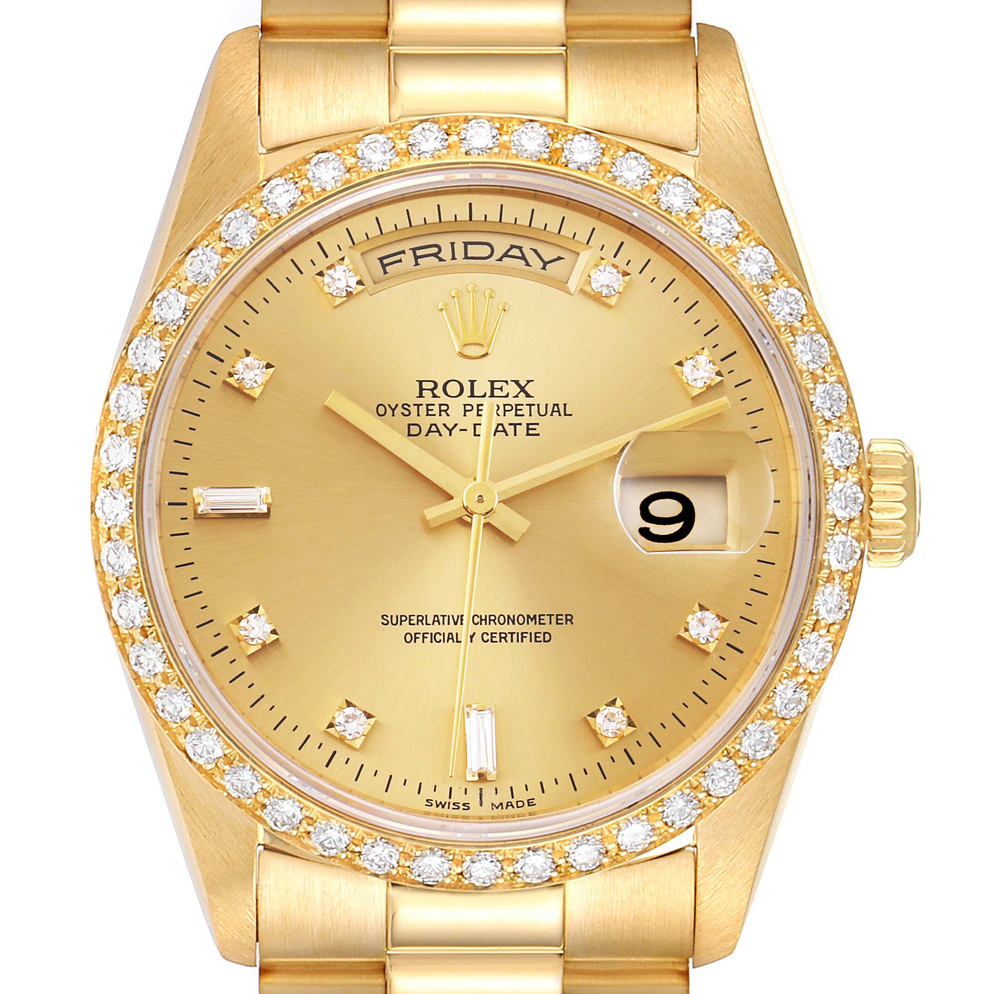 The image shows a Rolex President 18348 Men
s Yellow Gold Champagne Dial 18348 Men
s Yellow Gold Champagne Dial model watch, featuring its golden dial, diamond-studded bezel, day-date display, and part of the bracelet.