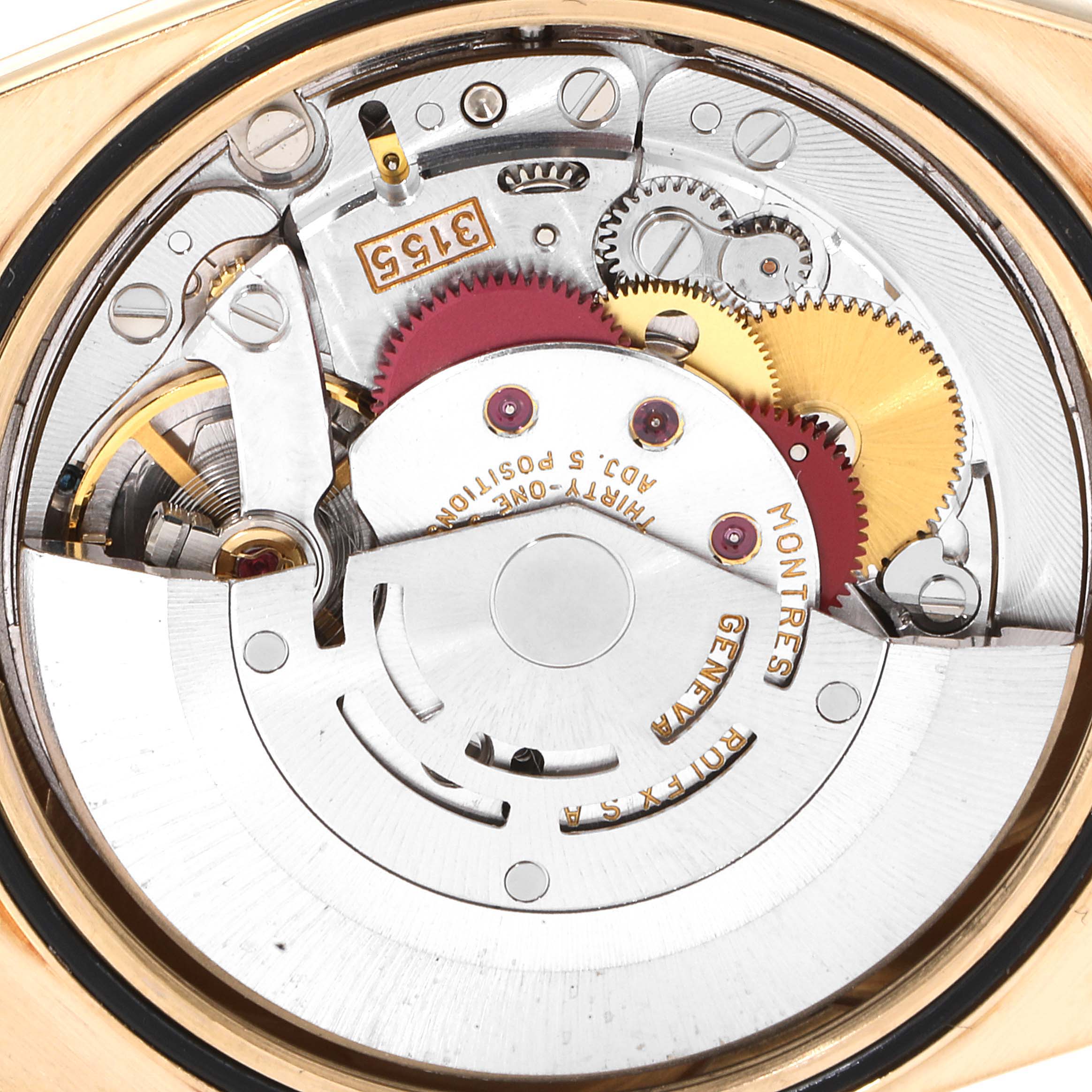 This image shows the internal mechanical components of a Rolex President 18348 Men
s Yellow Gold Champagne Dial 18348 Men
s Yellow Gold Champagne Dial model watch from a close-up angle.