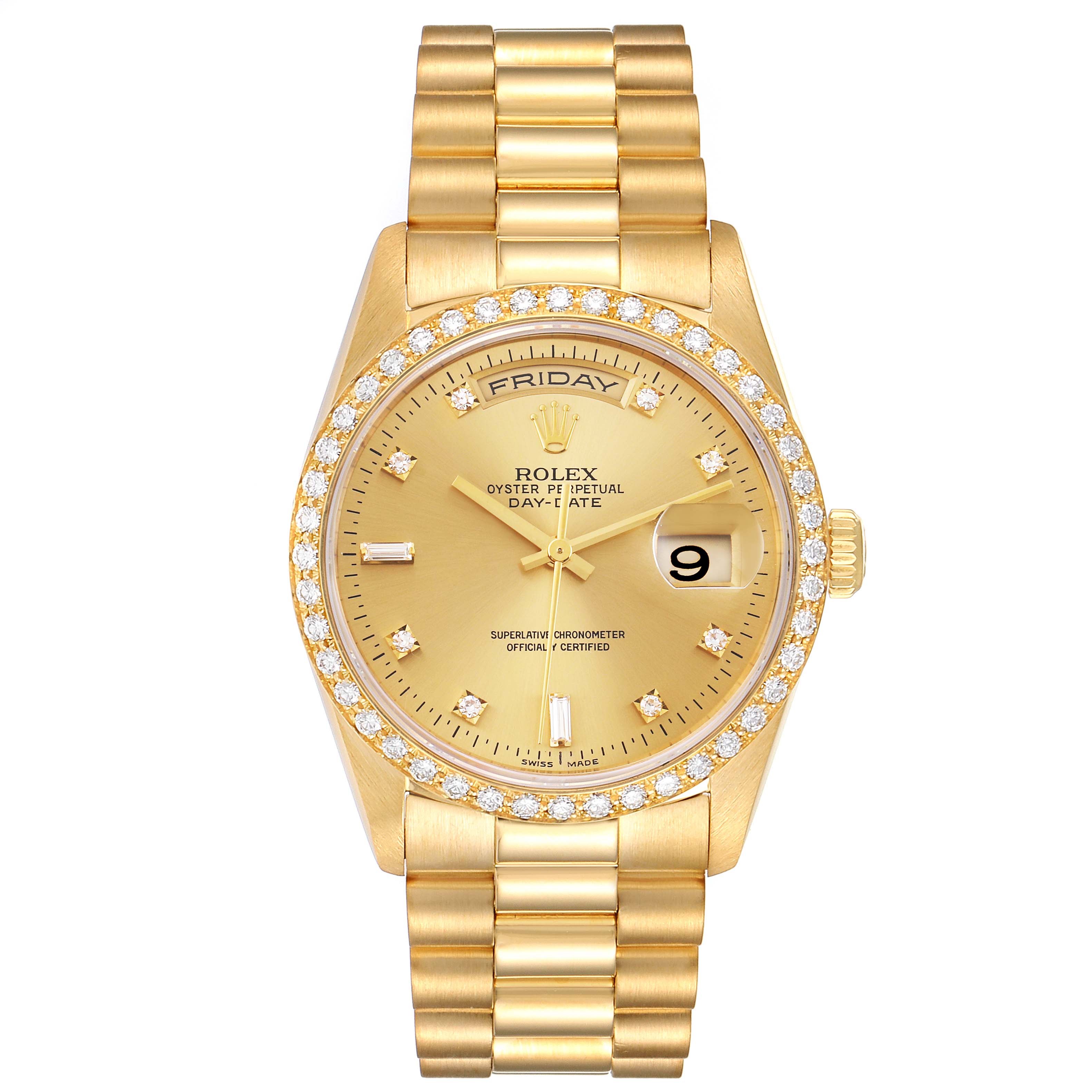 This is a front view of the Rolex President 18348 Men
s Yellow Gold Champagne Dial 18348 Men
s Yellow Gold Champagne Dial model watch, showing the entire face, bezel, and bracelet.