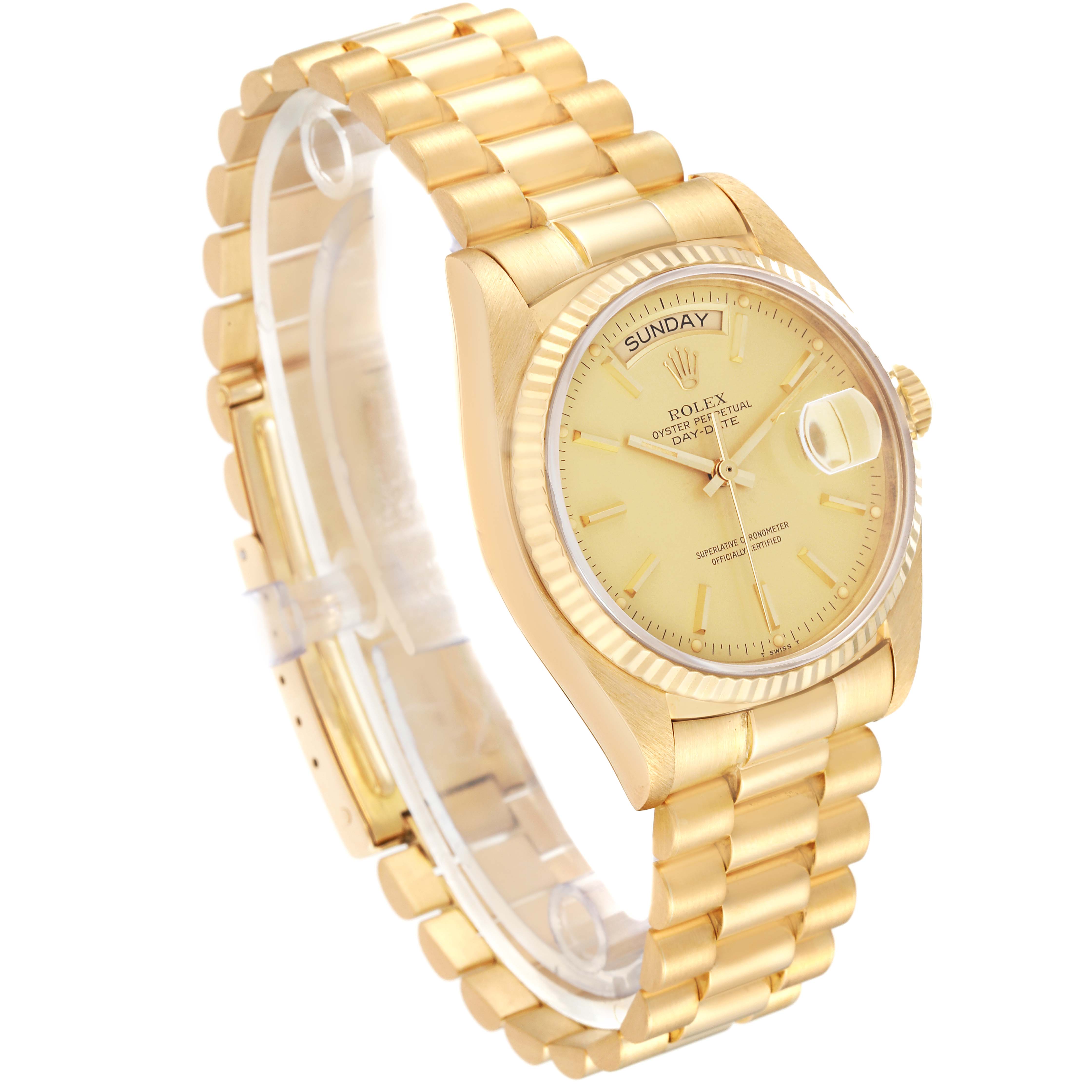 The image shows a side view of the Rolex President 18038 Men
s Yellow Gold Champagne Dial 18038 Men
s Yellow Gold Champagne Dial model watch, highlighting the band, face, and crown.