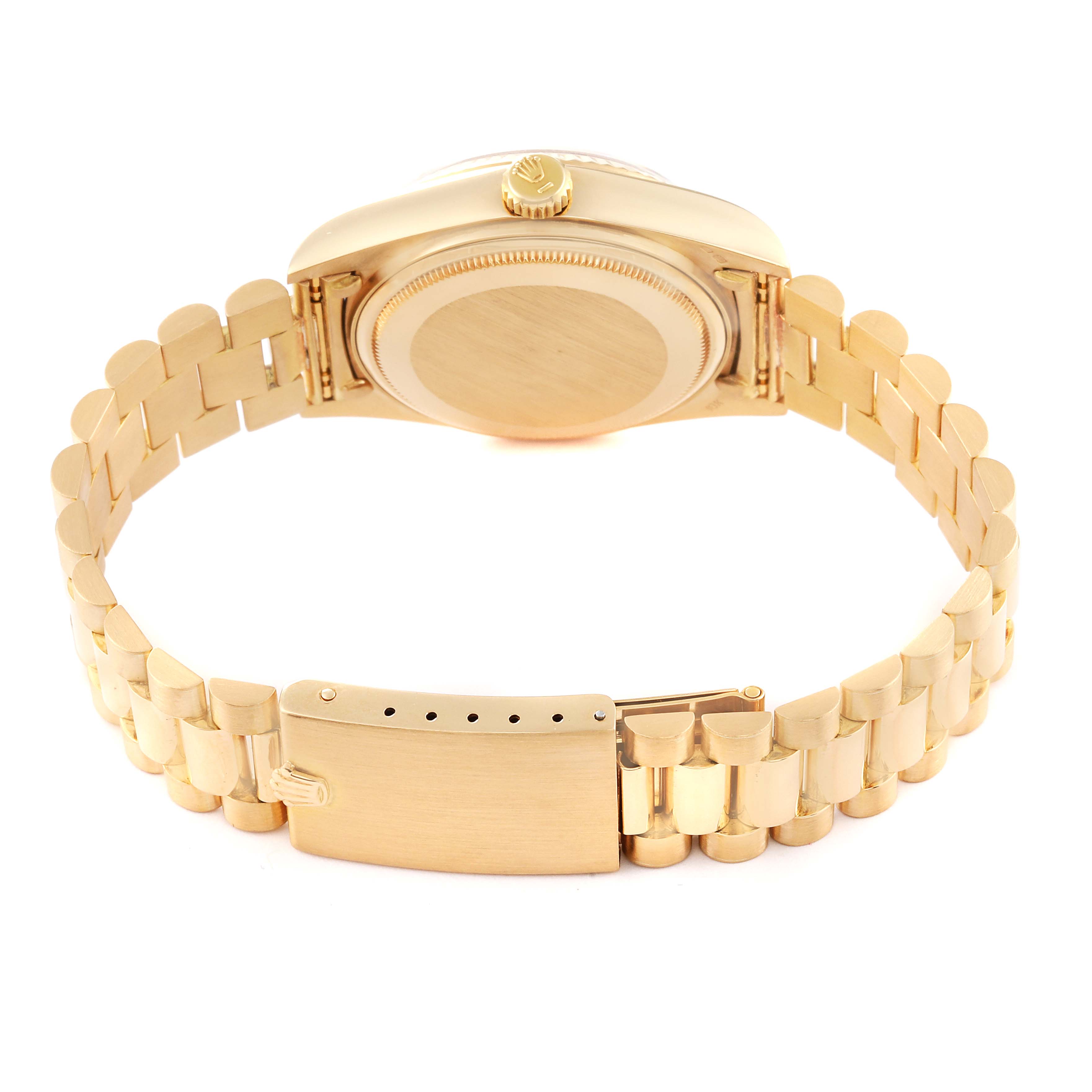 The image shows the Rolex President 18038 Men
s Yellow Gold Champagne Dial 18038 Men
s Yellow Gold Champagne Dial model watch from the back, highlighting the bracelet, clasp, and caseback.