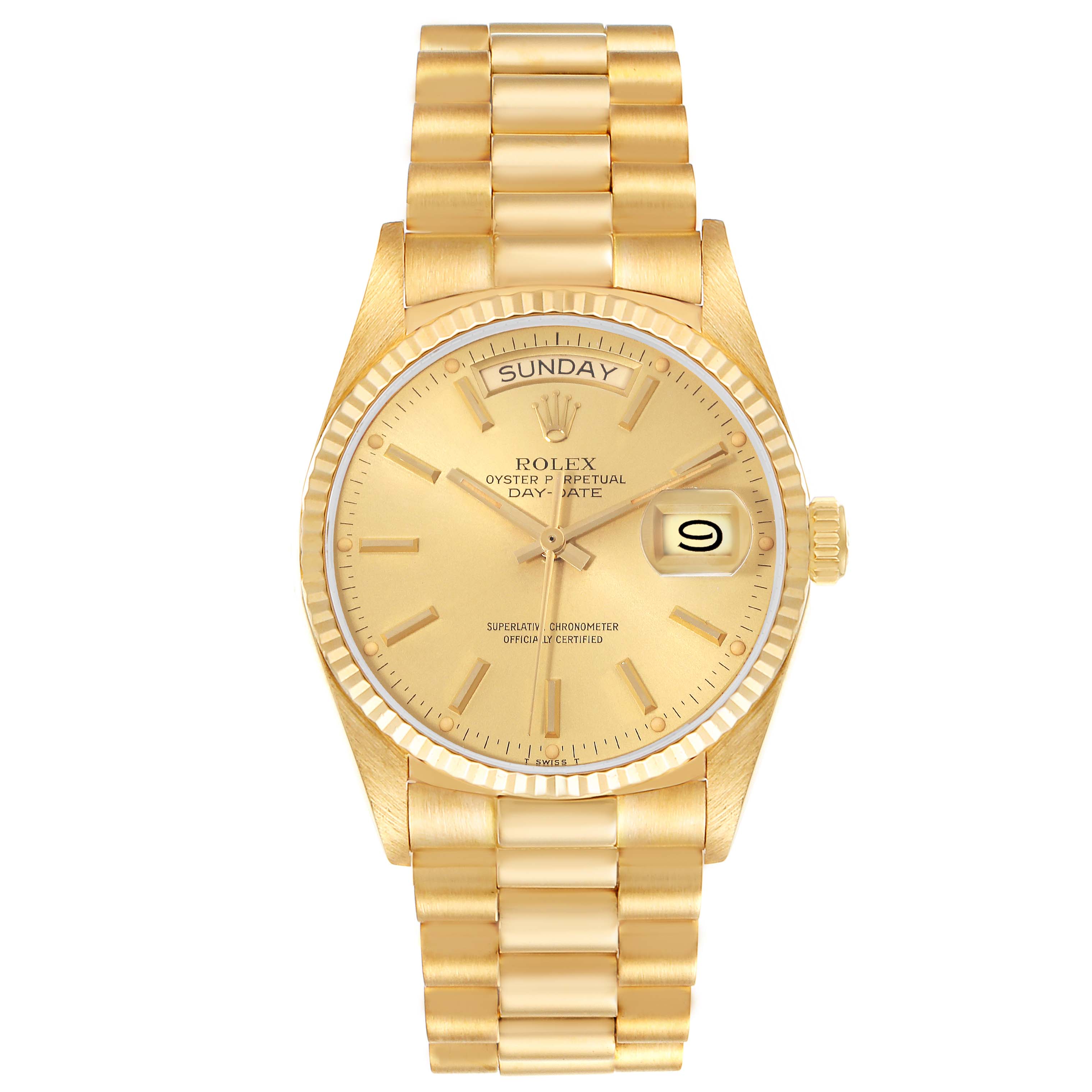 The image shows a front view of the Rolex President 18038 Men
s Yellow Gold Champagne Dial 18038 Men
s Yellow Gold Champagne Dial model watch, displaying the face, bezel, and bracelet.