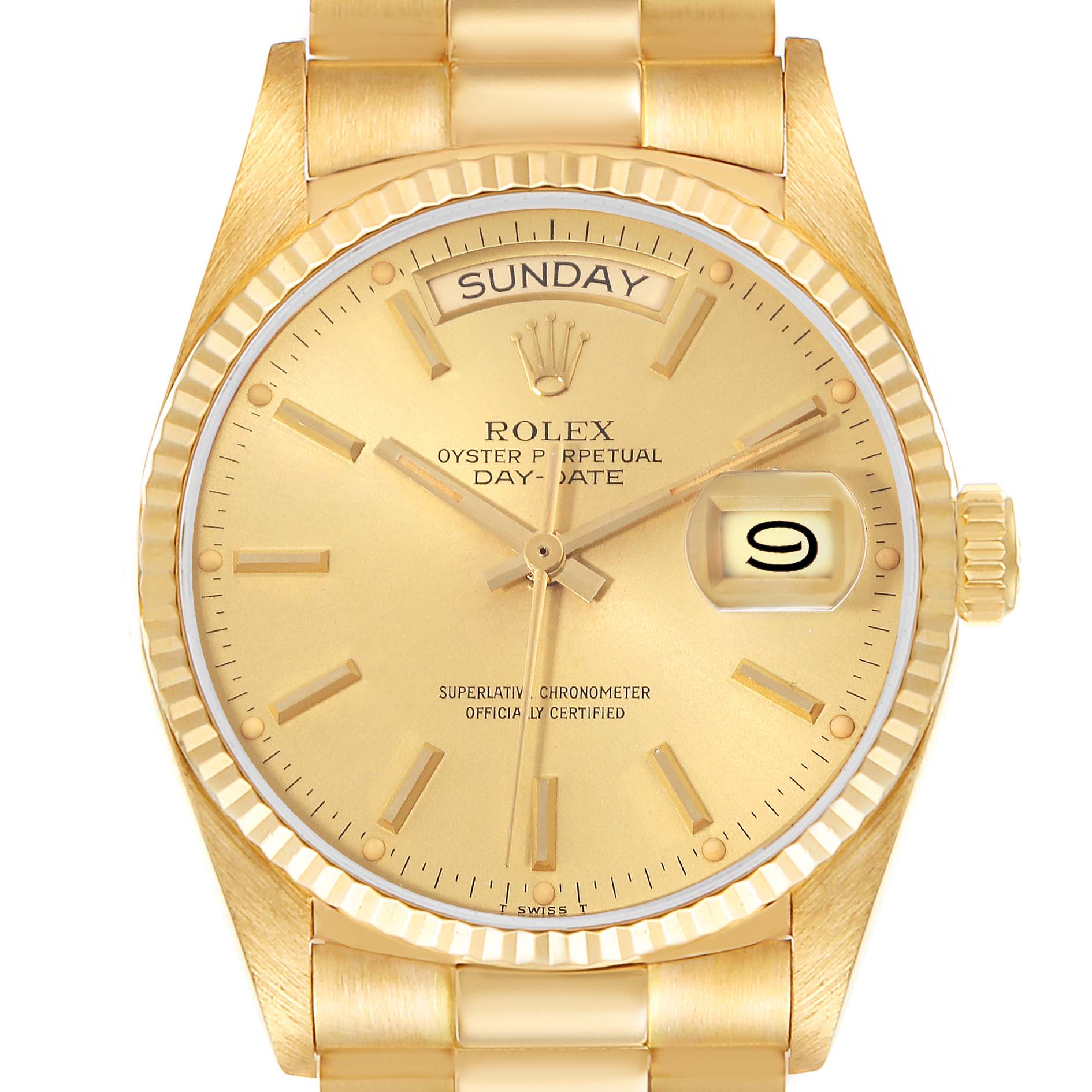 This image shows a frontal view of the Rolex President 18038 Men
s Yellow Gold Champagne Dial 18038 Men
s Yellow Gold Champagne Dial model watch, displaying the day, date, and time on its gold dial.