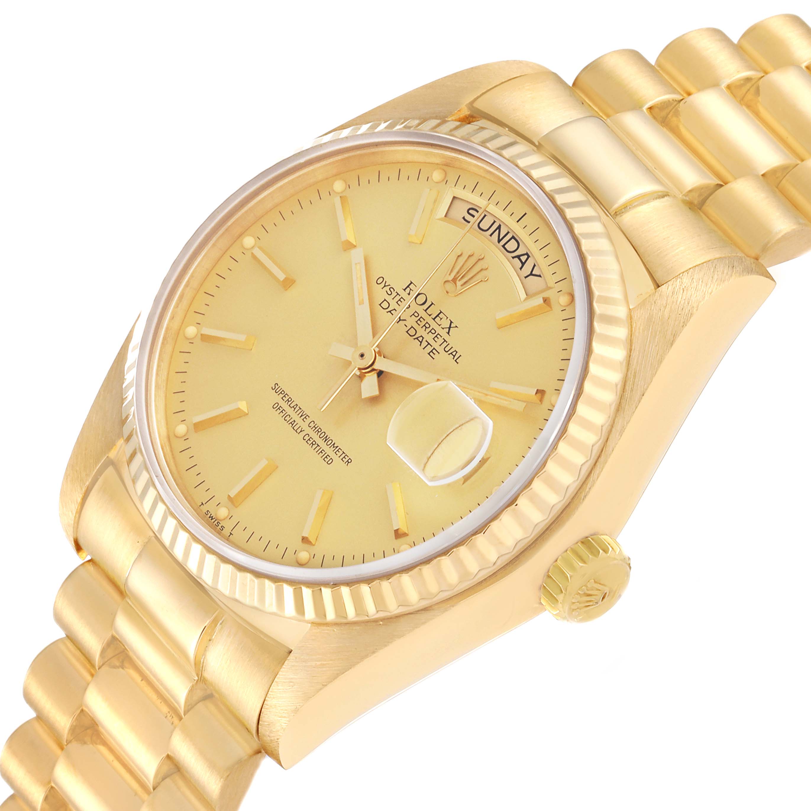 This Rolex President 18038 Men
s Yellow Gold Champagne Dial 18038 Men
s Yellow Gold Champagne Dial model watch is shown from an angled top view highlighting its dial, bezel, crown, and part of the bracelet.