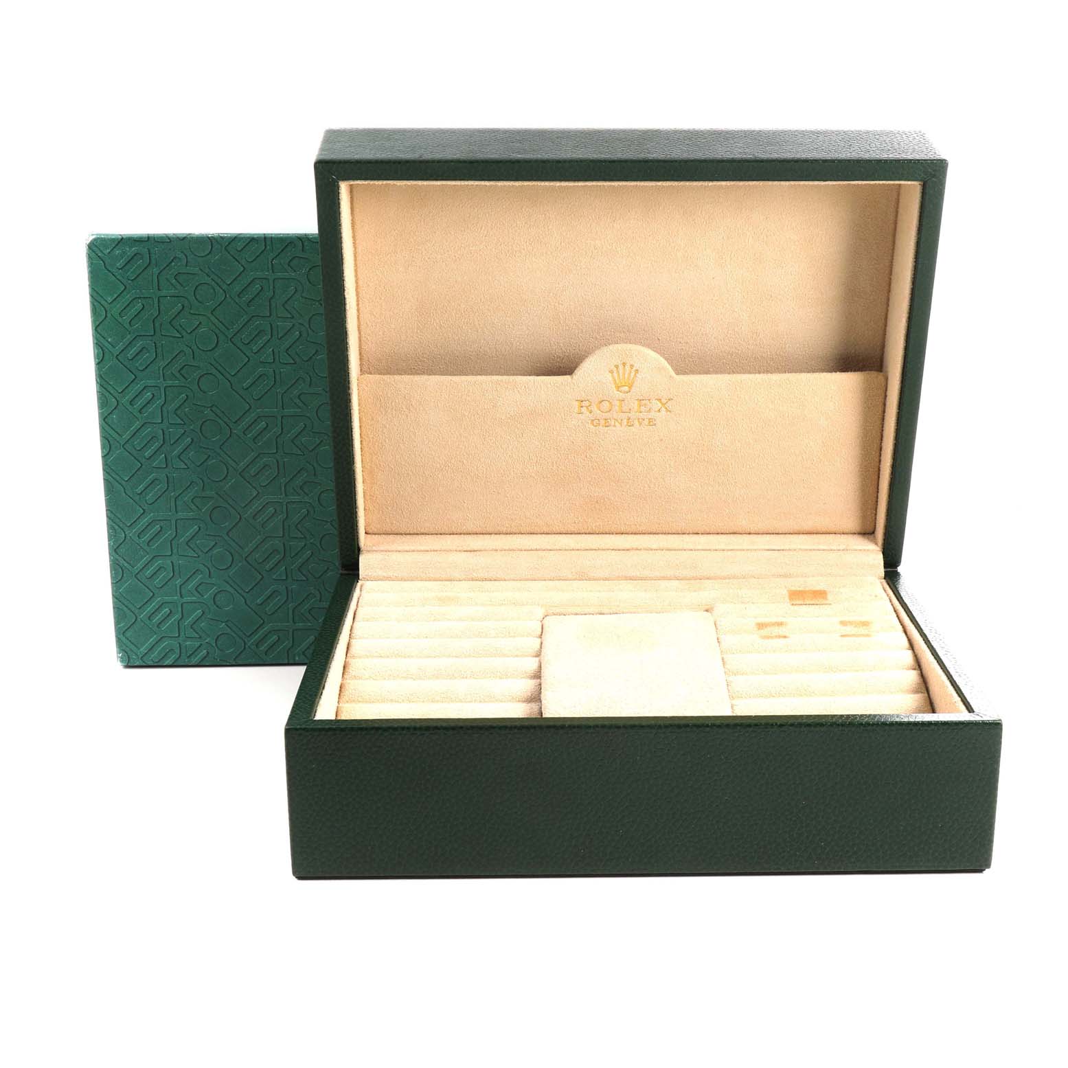 The image shows an open Rolex President 18038 Men
s Yellow Gold Champagne Dial 18038 Men
s Yellow Gold Champagne Dial model watch box with compartments, viewed from the front.