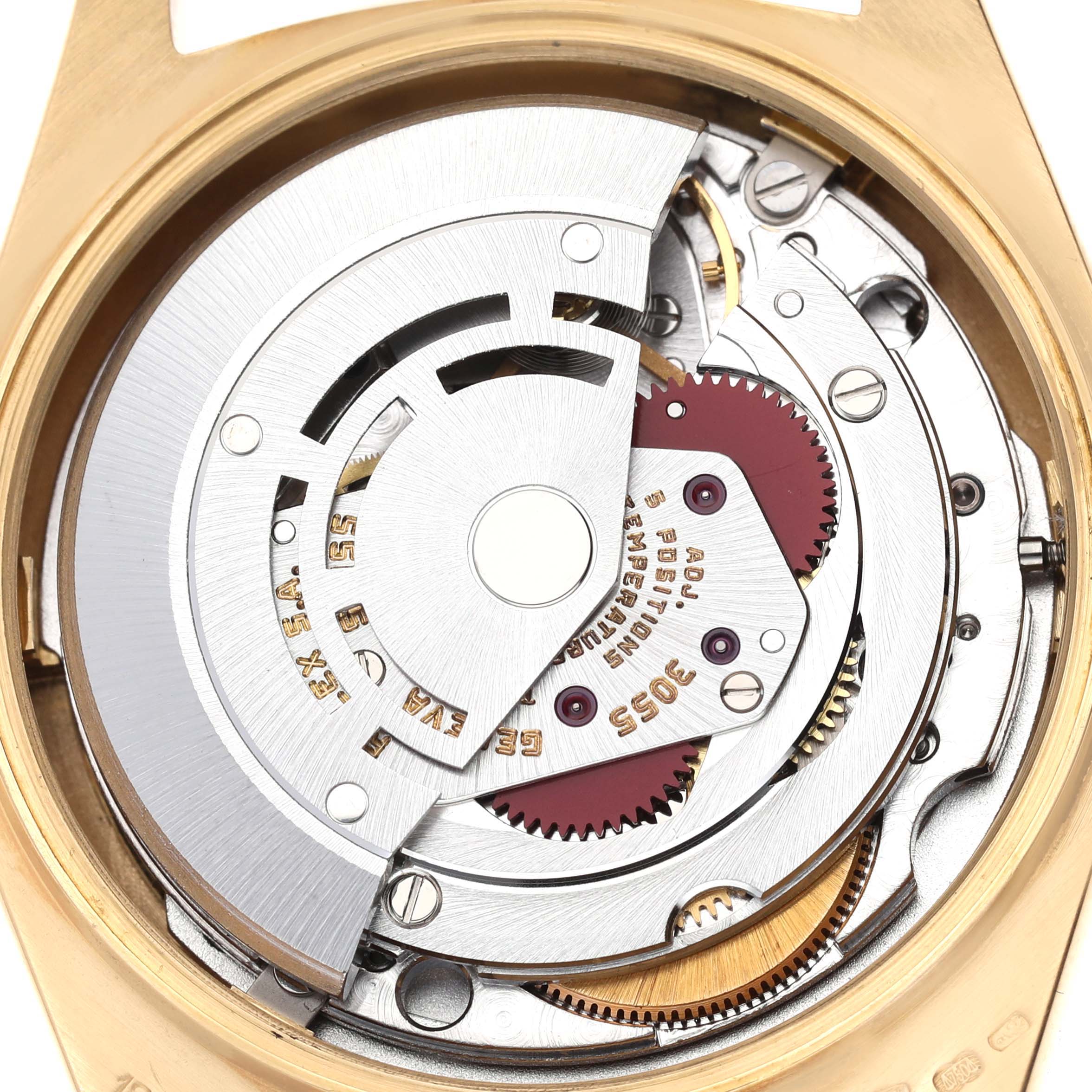 The image shows the inner mechanical movement of the Rolex President 18038 Men
s Yellow Gold Champagne Dial 18038 Men
s Yellow Gold Champagne Dial model watch from a top-down angle.