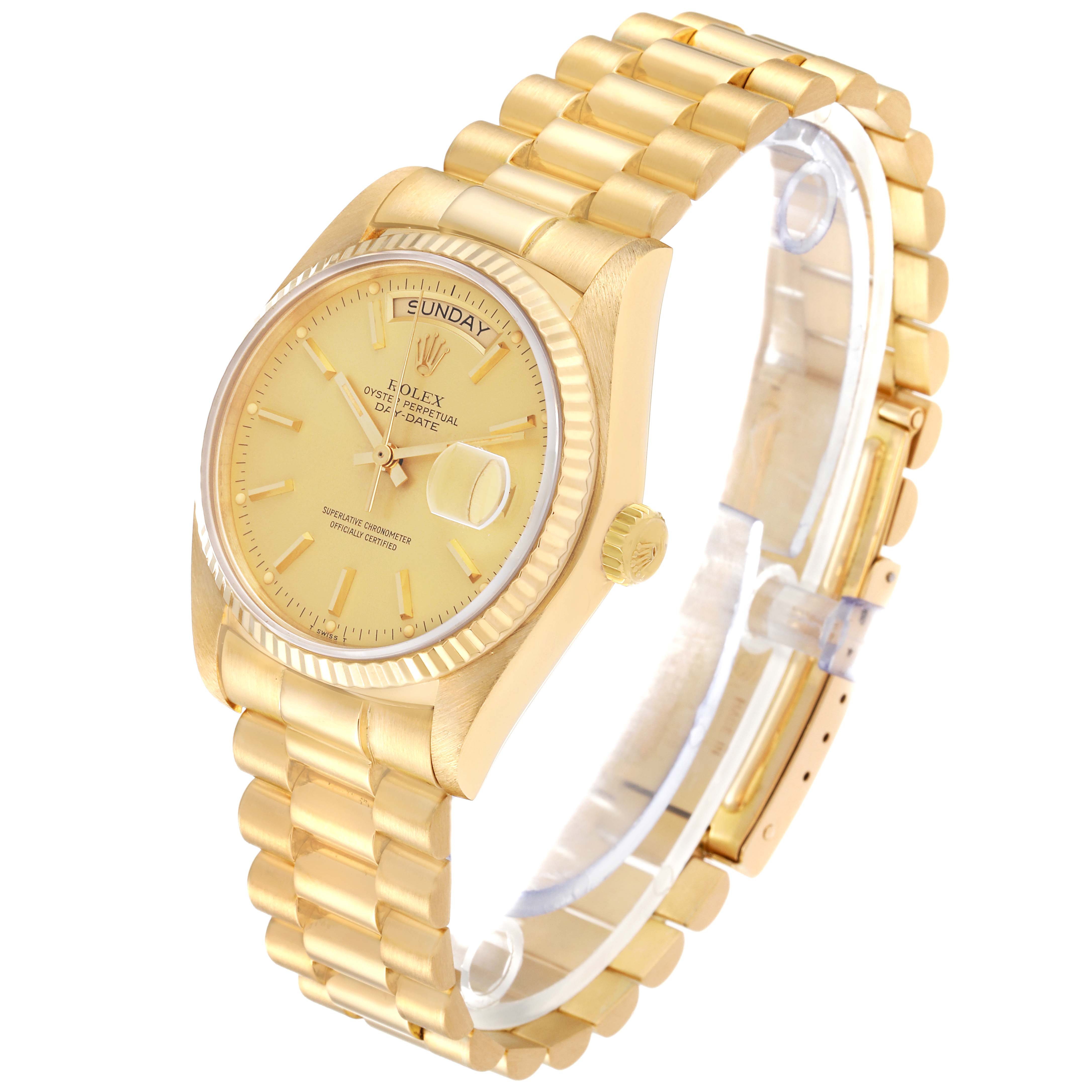 The image shows a gold Rolex President 18038 Men
s Yellow Gold Champagne Dial 18038 Men
s Yellow Gold Champagne Dial model watch at an angled view, highlighting its dial, bezel, crown, and bracelet.