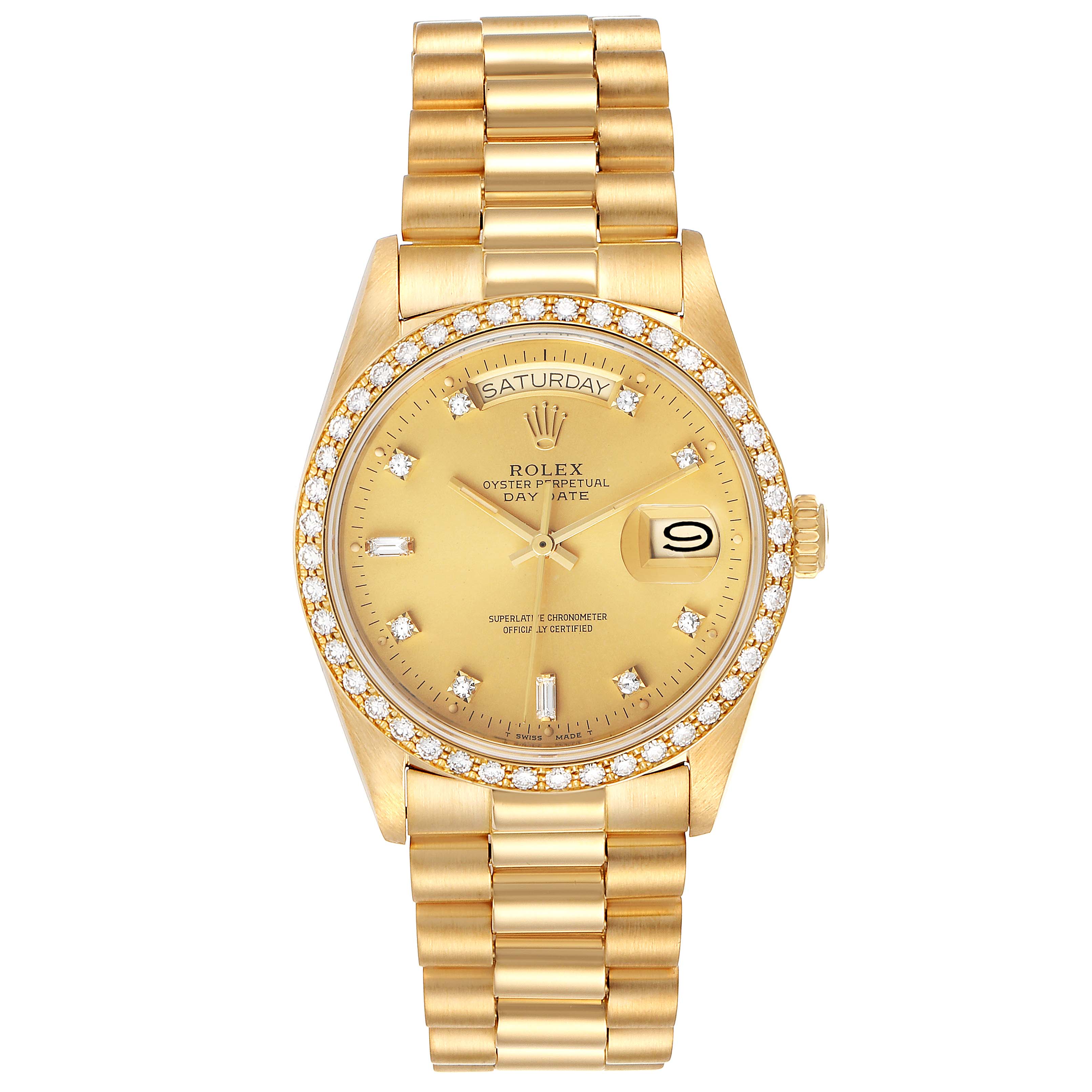The image shows a front view of a Rolex President 18048 Men
s Yellow Gold Champagne Dial 18048 Men
s Yellow Gold Champagne Dial model watch with a gold band and diamond-studded bezel.