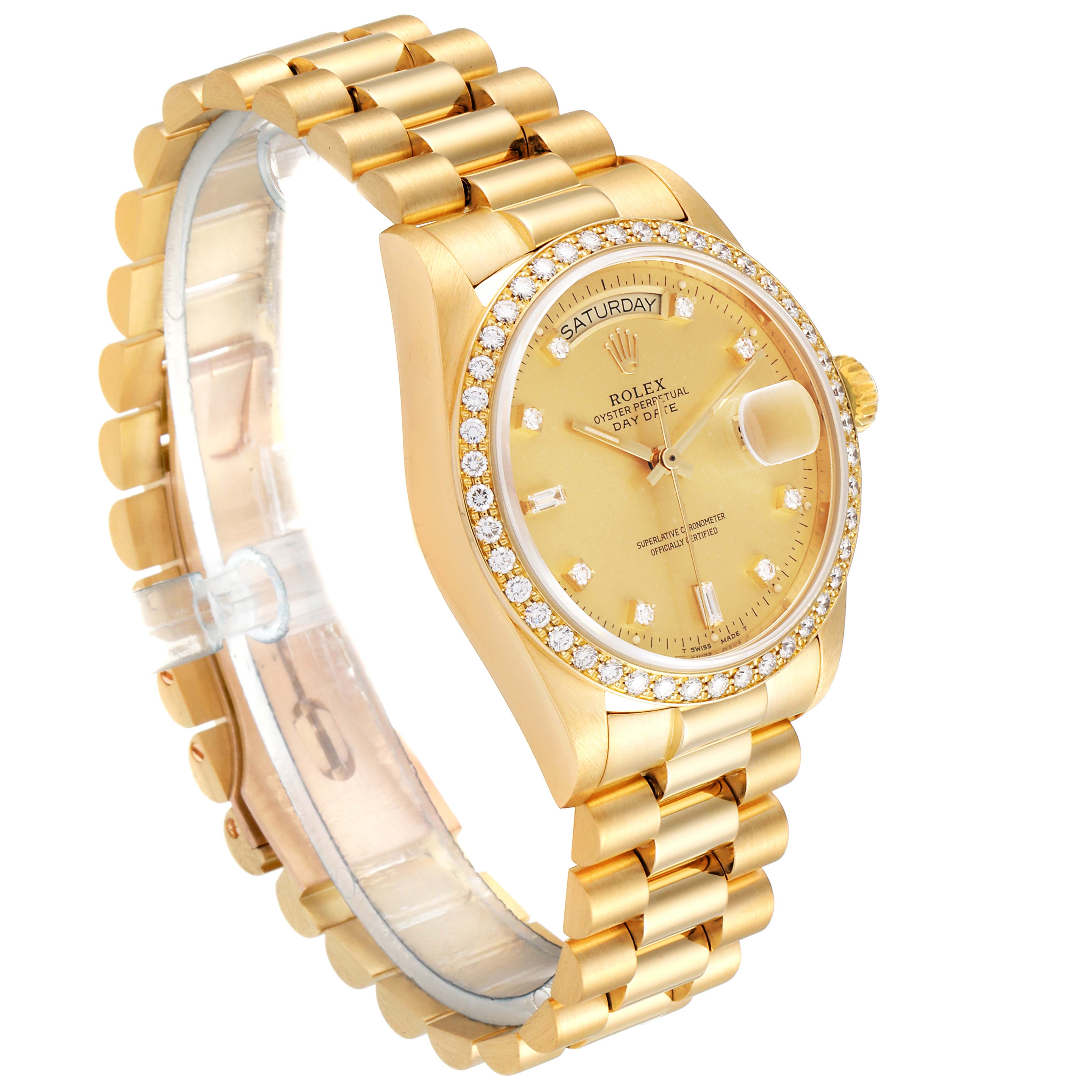 The image shows a side angle of a Rolex President 18048 Men
s Yellow Gold Champagne Dial 18048 Men
s Yellow Gold Champagne Dial model watch, highlighting the bracelet, watch face, and bezel.
