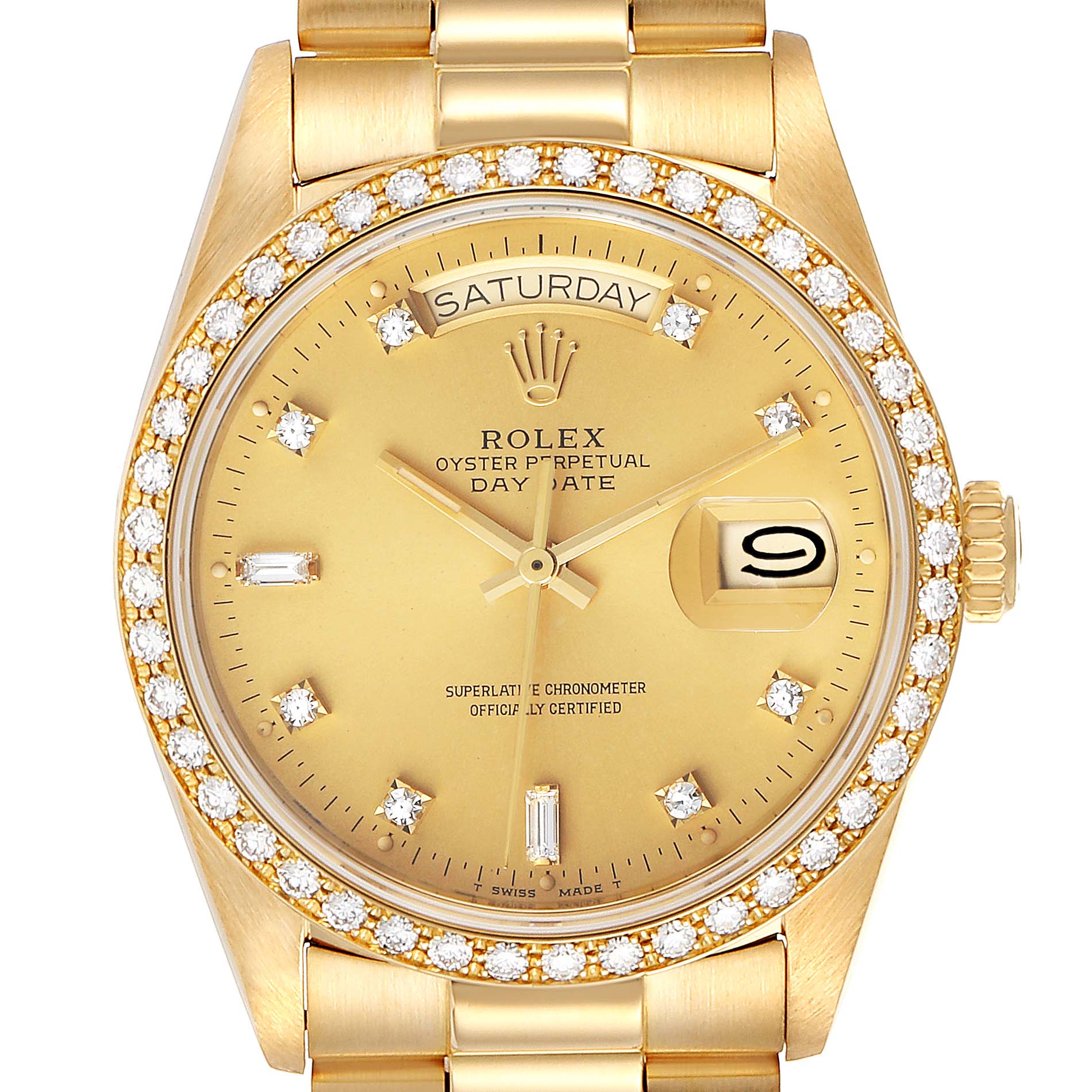 The image shows the face of a Rolex President 18048 Men
s Yellow Gold Champagne Dial 18048 Men
s Yellow Gold Champagne Dial Day-Date watch, focusing on the dial, bezel, and part of the bracelet.