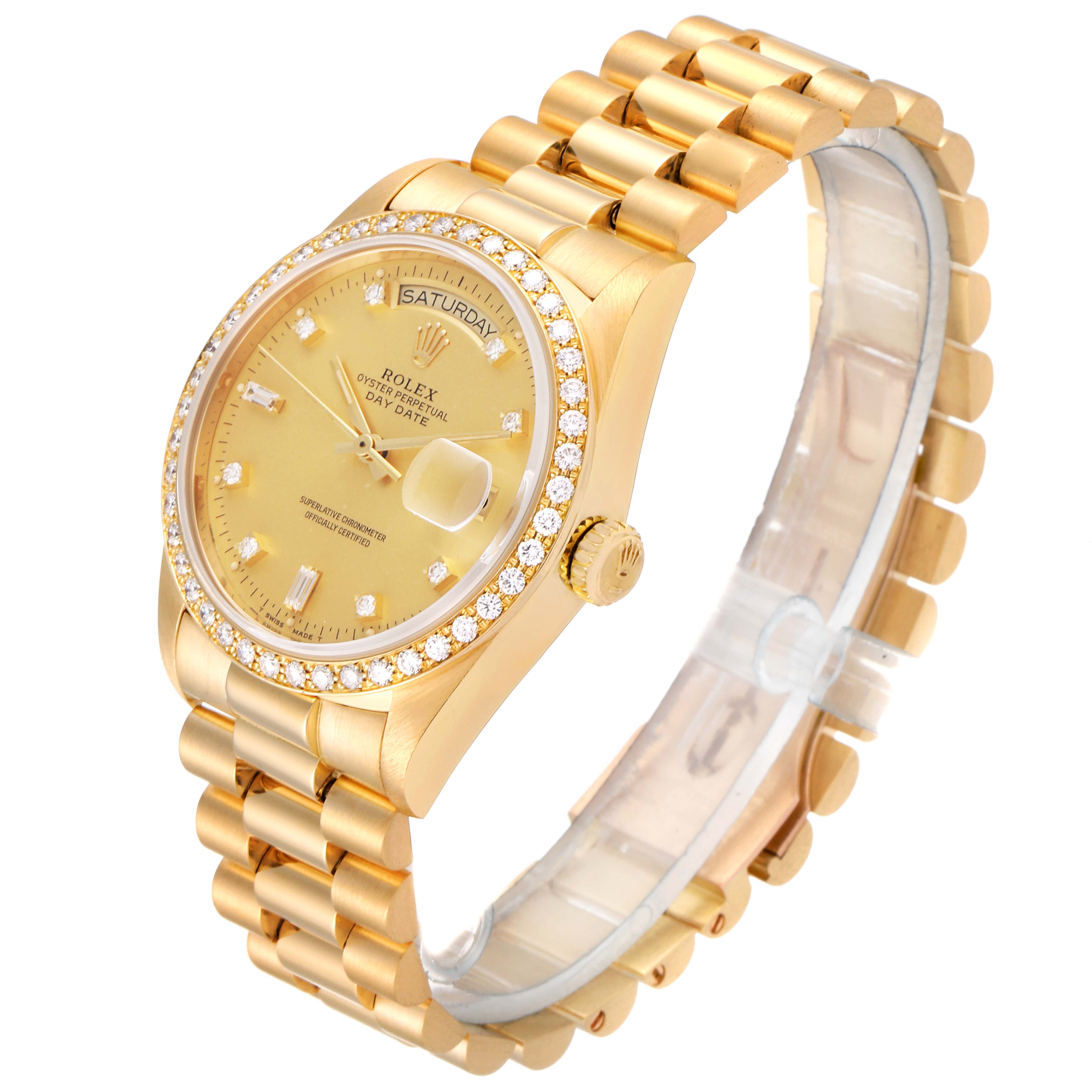 The image shows a Rolex President 18048 Men
s Yellow Gold Champagne Dial 18048 Men
s Yellow Gold Champagne Dial model watch from an angled side view, highlighting its gold band, dial, and bejeweled bezel.