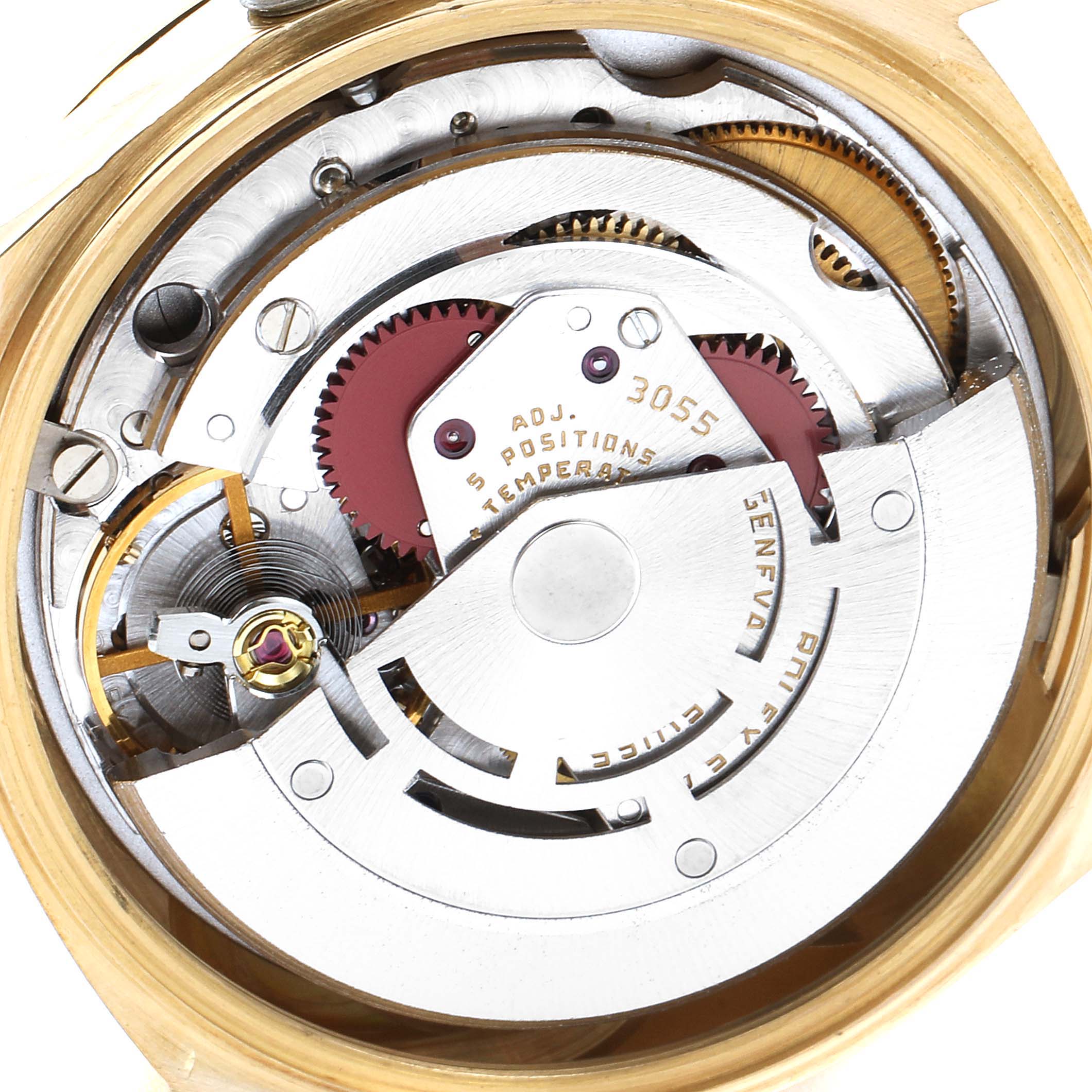 This image shows the inner movement mechanism of a Rolex President 18048 Men
s Yellow Gold Champagne Dial 18048 Men
s Yellow Gold Champagne Dial model watch from a top-down angle.