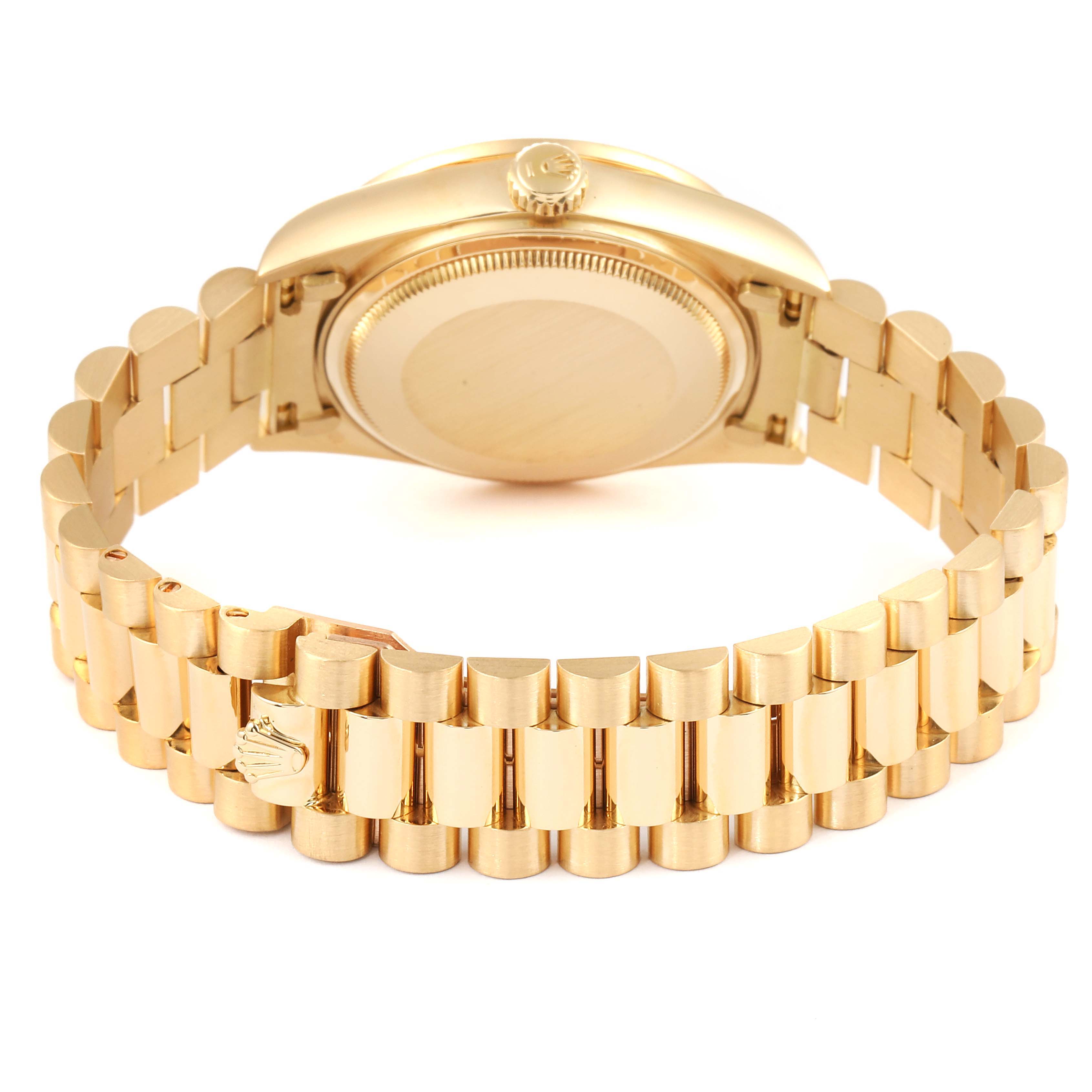 This image shows the back case and bracelet of a Rolex President 18048 Men
s Yellow Gold Champagne Dial 18048 Men
s Yellow Gold Champagne Dial model watch from a rear angle.