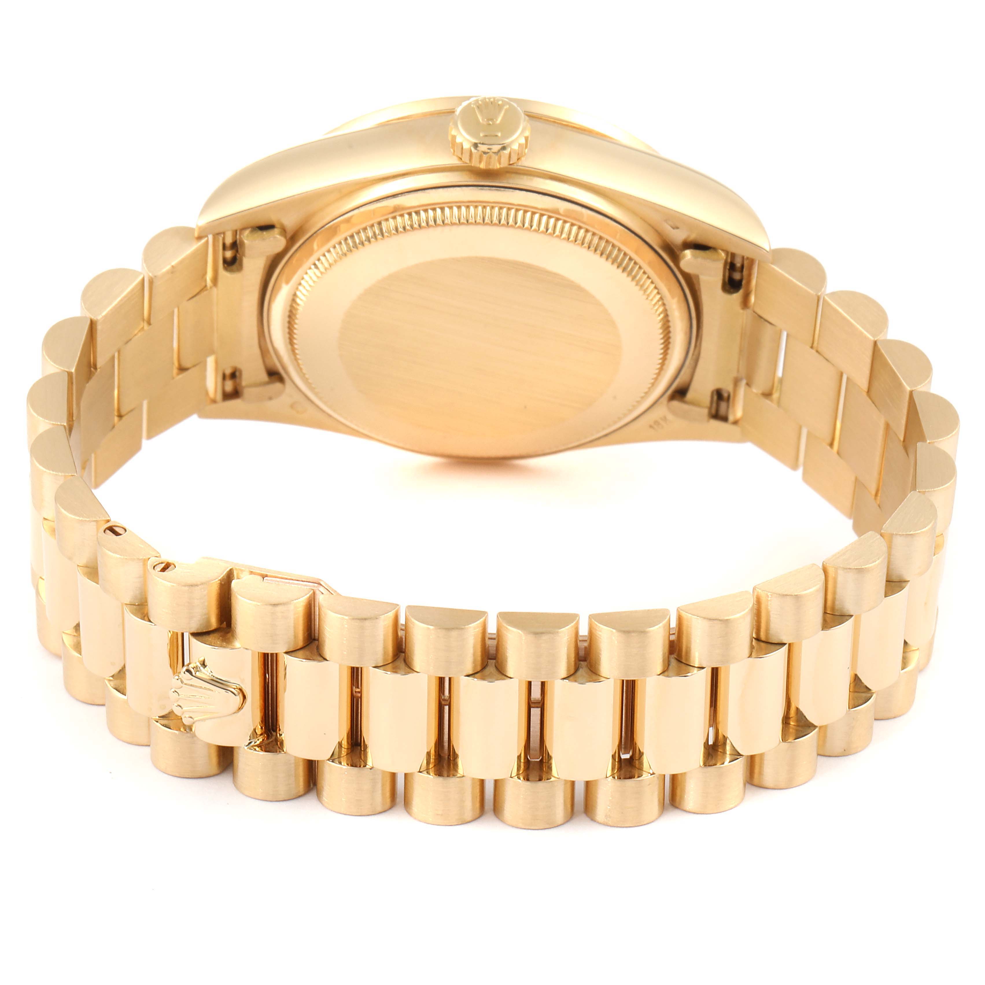 The image shows the back view, crown, and bracelet of a Rolex President 18048 Men
s Yellow Gold Champagne Dial 18048 Men
s Yellow Gold Champagne Dial model watch.