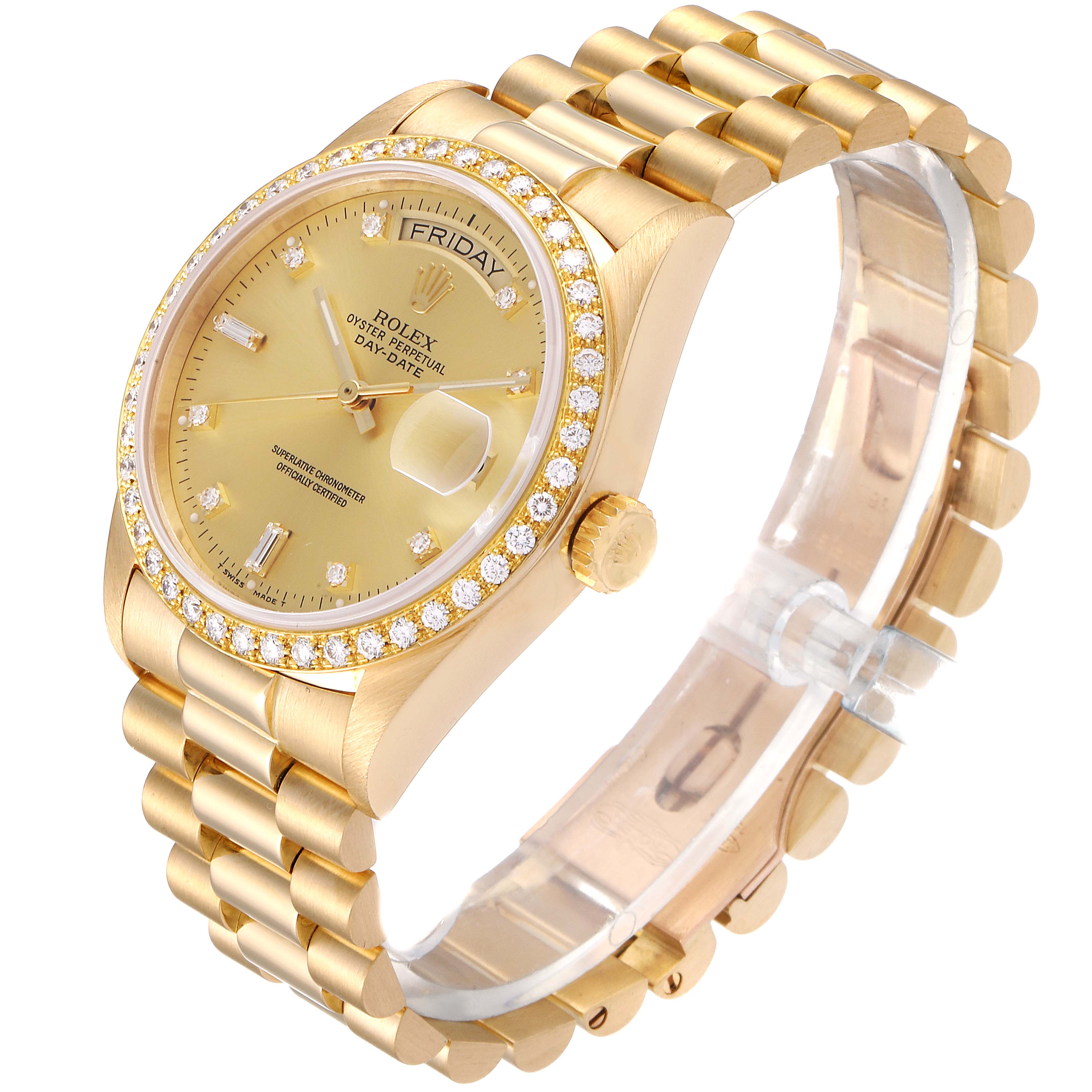 The image shows the Rolex President 18048 Men
s Yellow Gold Champagne Dial 18048 Men
s Yellow Gold Champagne Dial model watch at an angle, highlighting the face, bezel, crown, and band.
