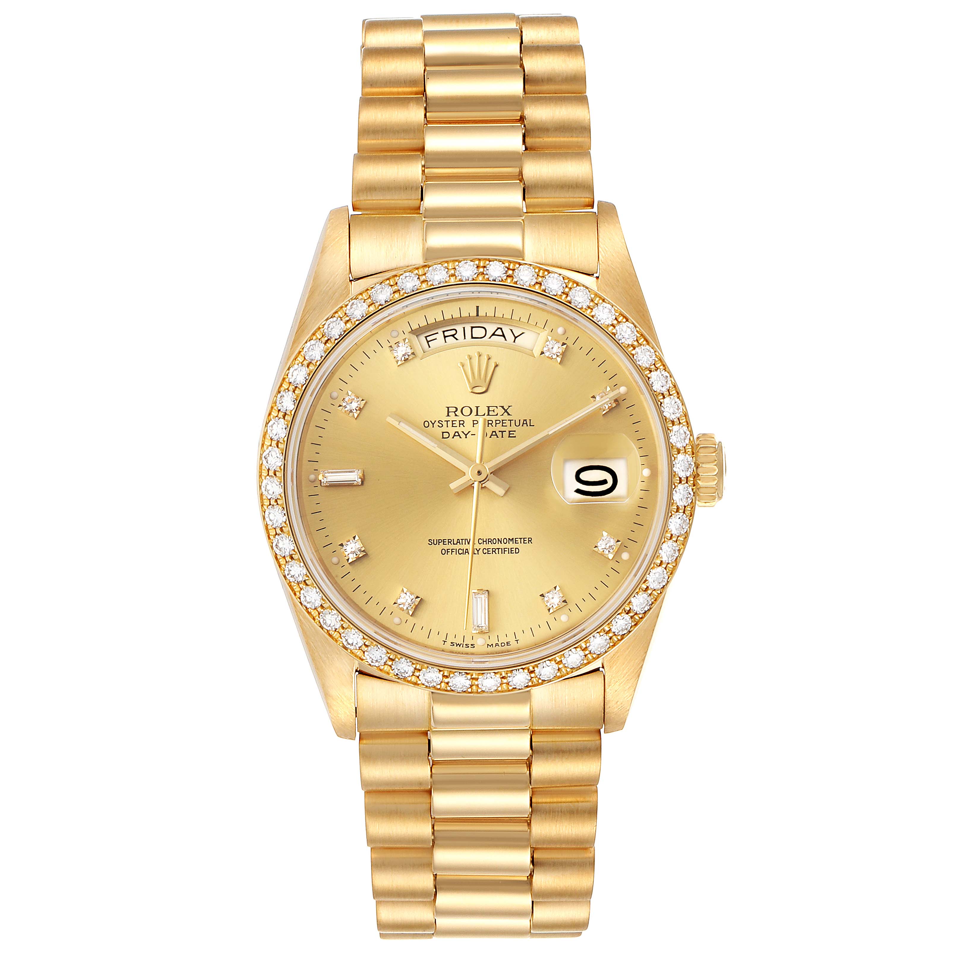 This is a front view of the Rolex President 18048 Men
s Yellow Gold Champagne Dial 18048 Men
s Yellow Gold Champagne Dial model watch, showcasing its gold bracelet and diamond-encrusted bezel.