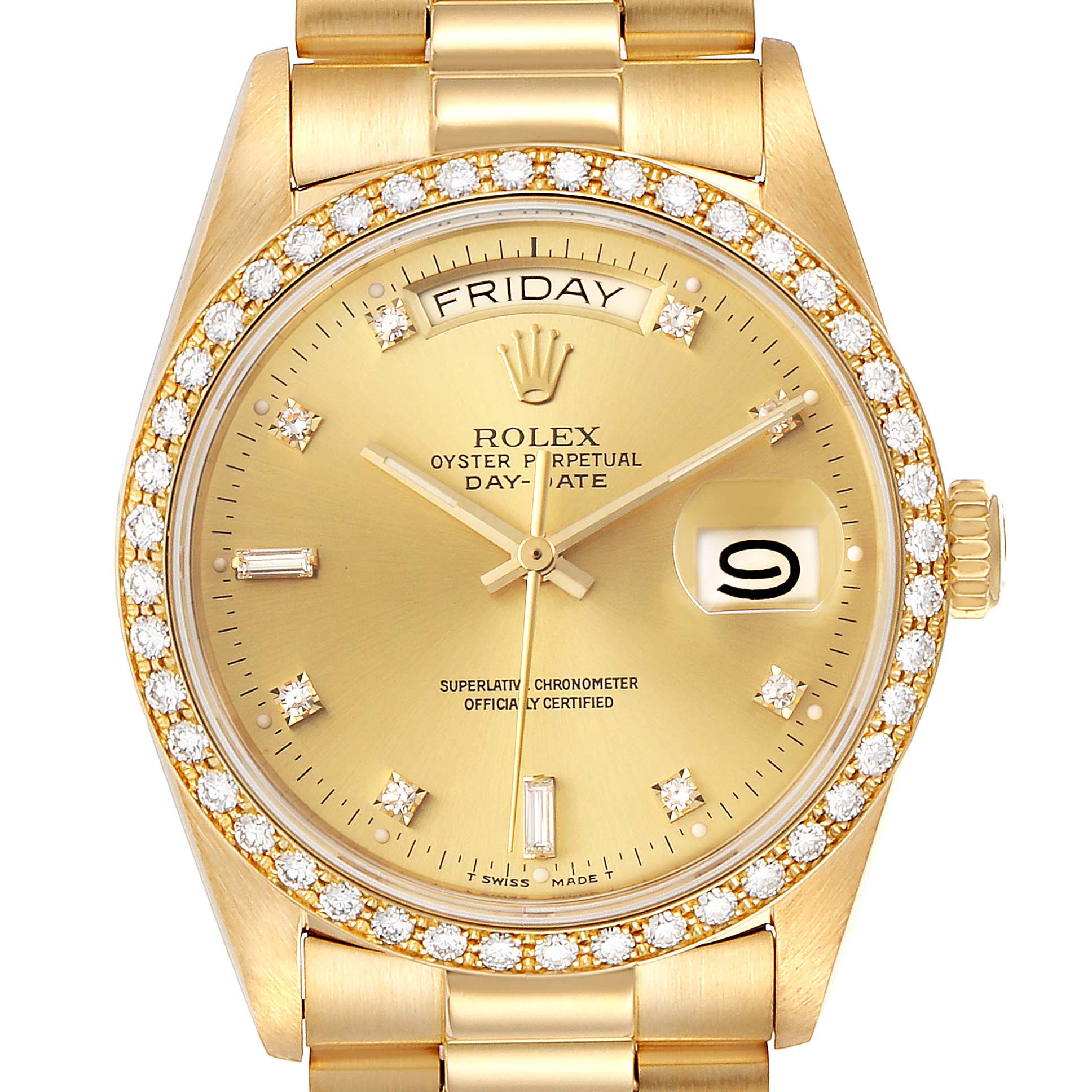 This image shows a front view of the Rolex President 18048 Men
s Yellow Gold Champagne Dial 18048 Men
s Yellow Gold Champagne Dial model watch, featuring its gold dial, diamond bezel, and day-date windows.