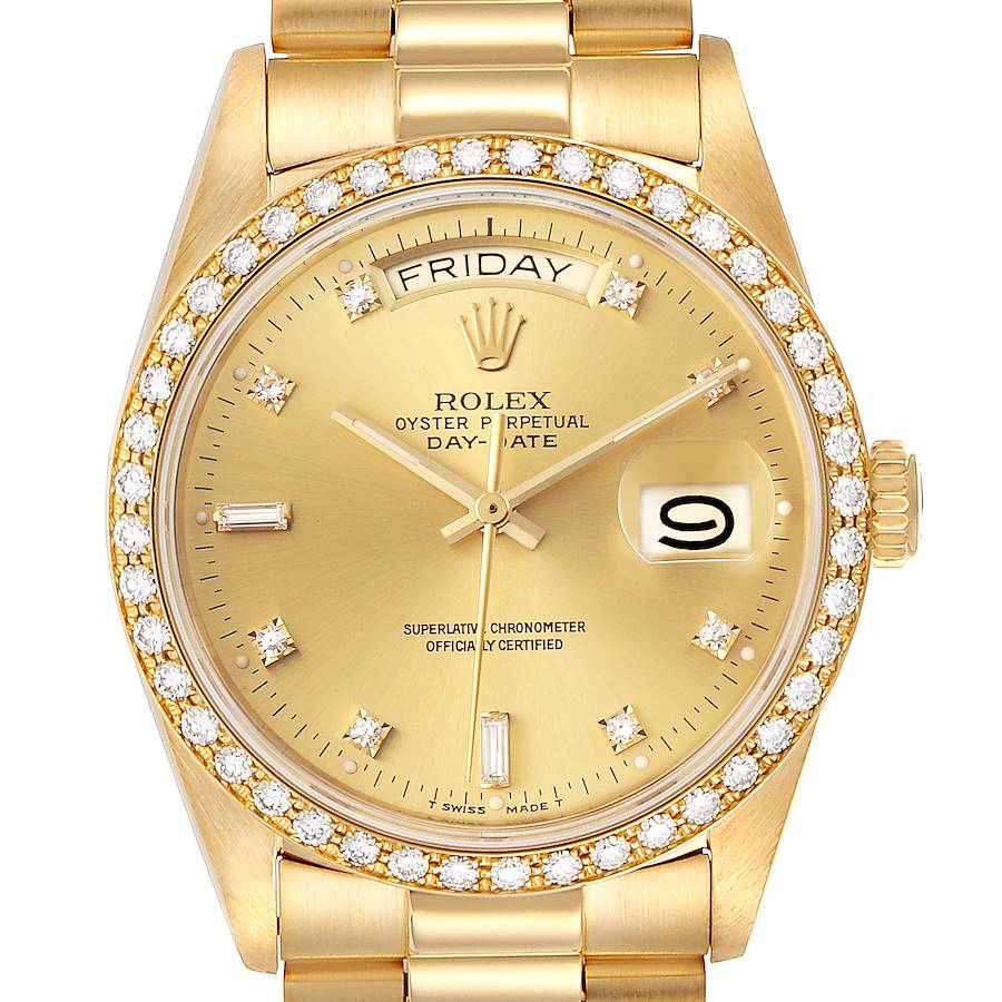 Rolex President Day-Date Yellow Gold Diamond Bezel Watch 18048 SwissWatchExpo