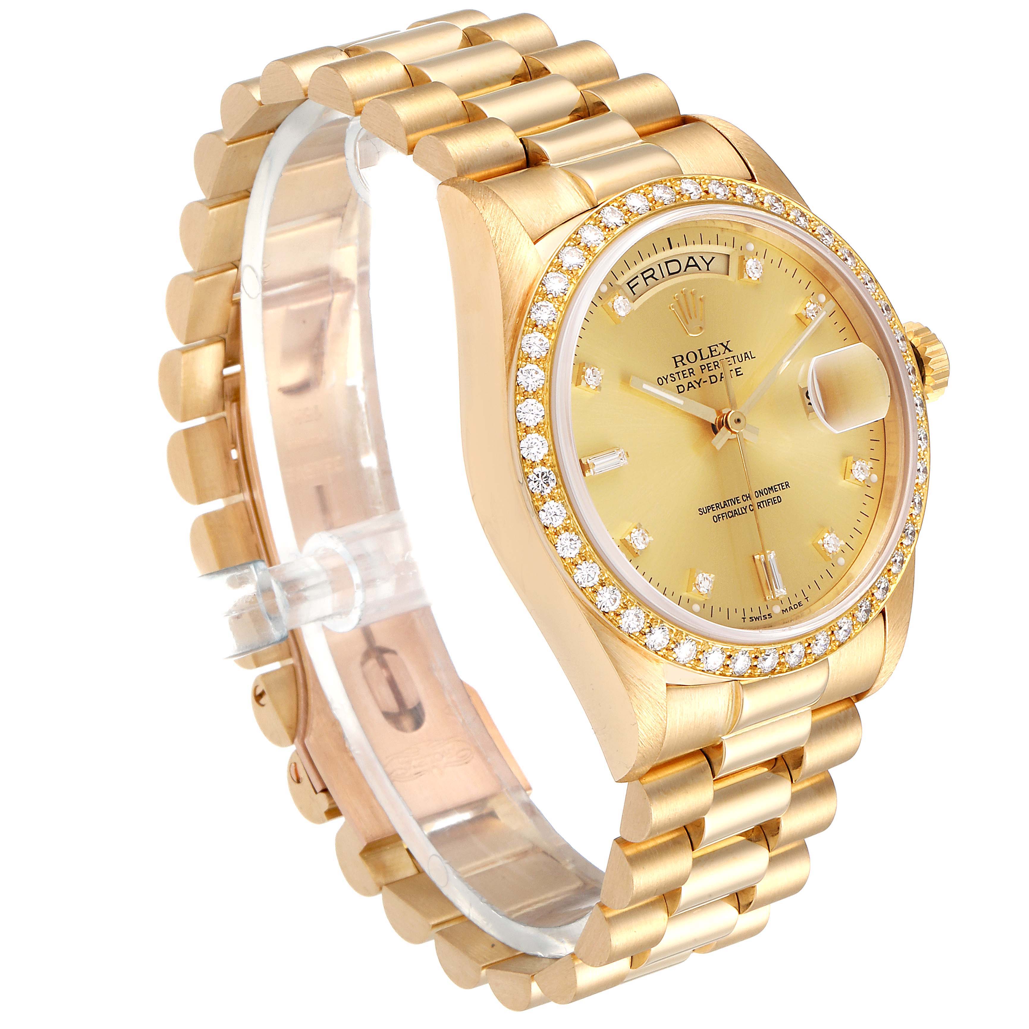 The image shows a side angle of the Rolex President 18048 Men
s Yellow Gold Champagne Dial 18048 Men
s Yellow Gold Champagne Dial model watch, showcasing its gold bracelet, diamond bezel, and face.