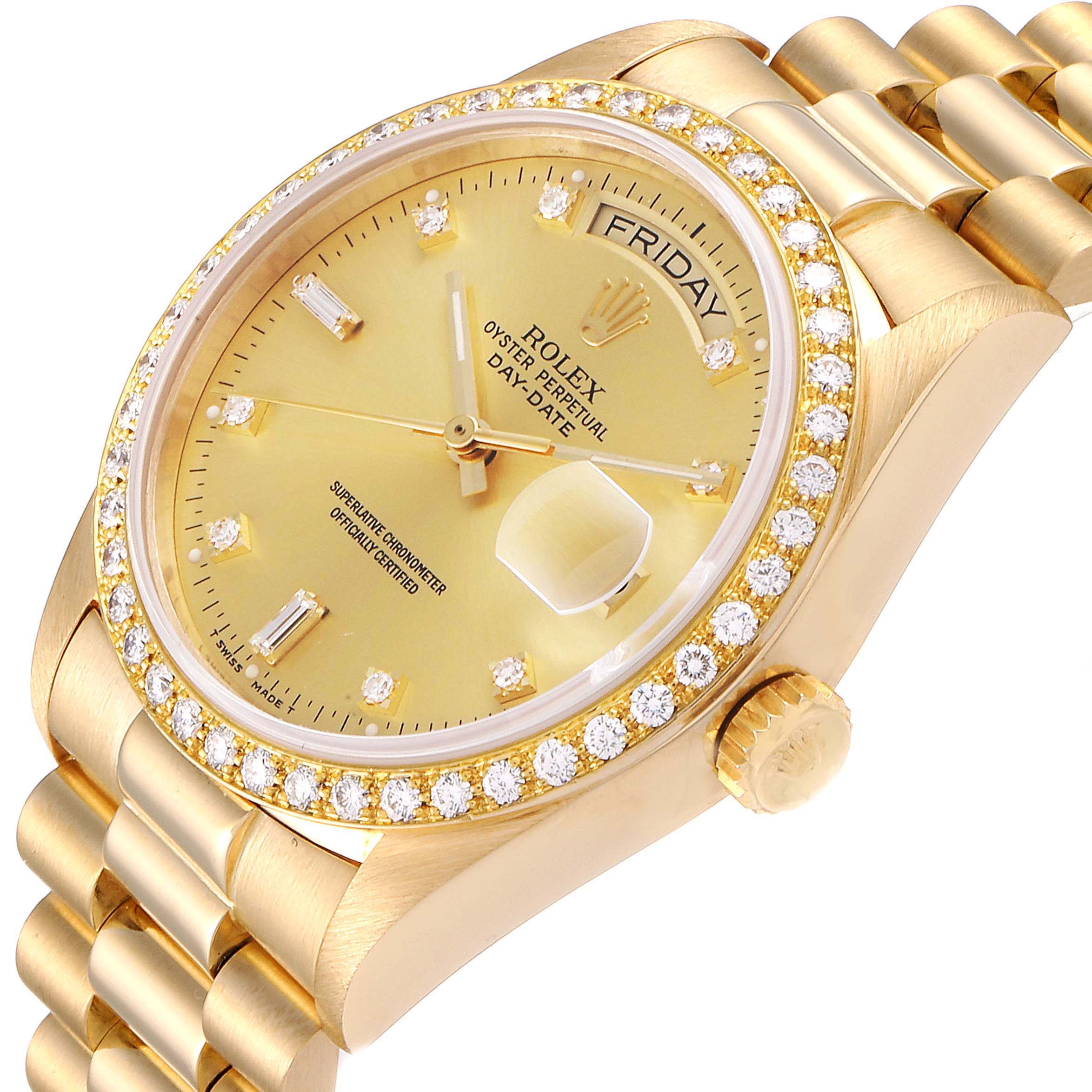 The image shows a close-up angled view of the Rolex President 18048 Men
s Yellow Gold Champagne Dial 18048 Men
s Yellow Gold Champagne Dial model watch, displaying its face, crown, and part of its bracelet.