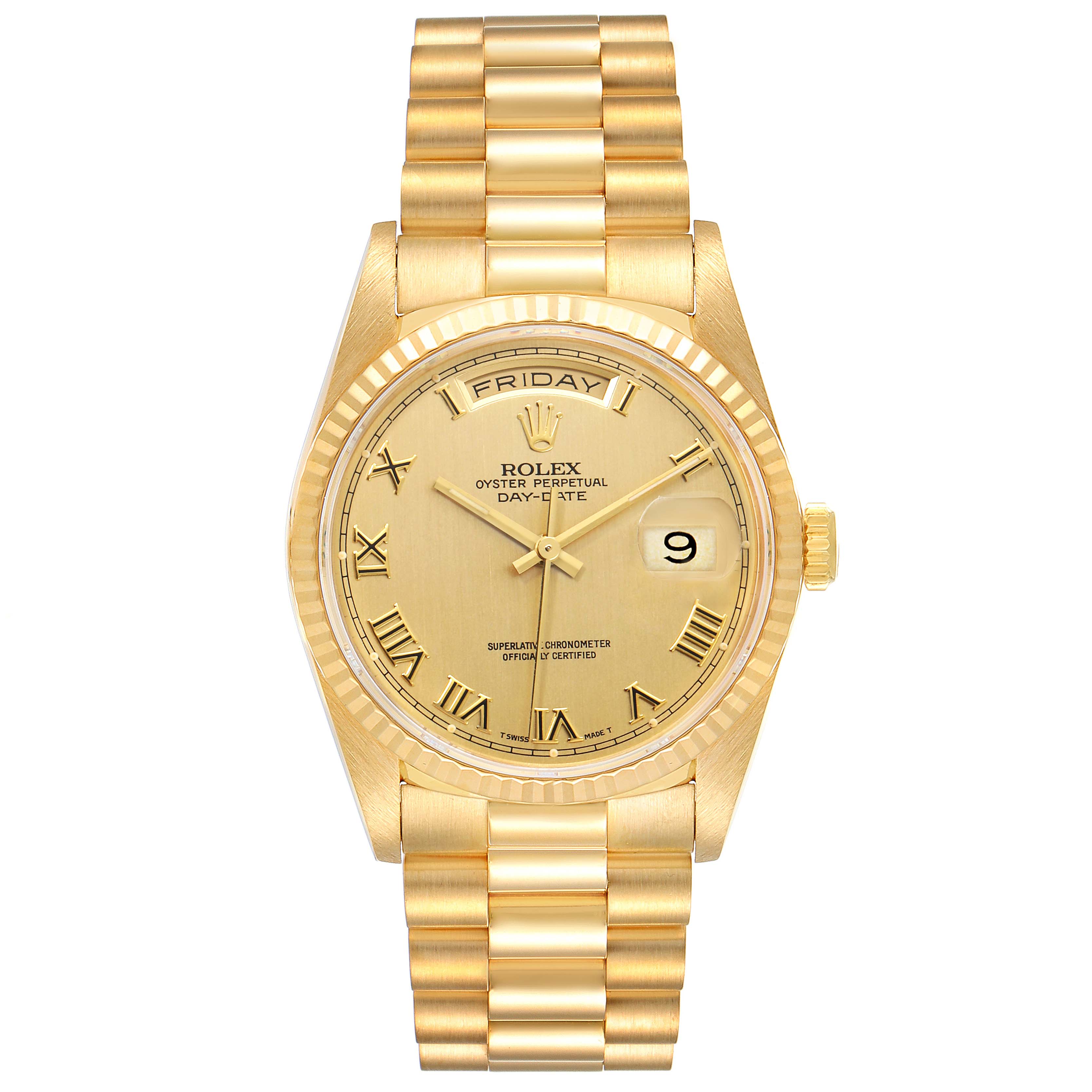 This image shows a front view of the Rolex President 18238 Men's Yellow Gold Champagne Dial 18238 Men's Yellow Gold Champagne Dial watch model, displaying its gold bracelet, dial, and day-date window.