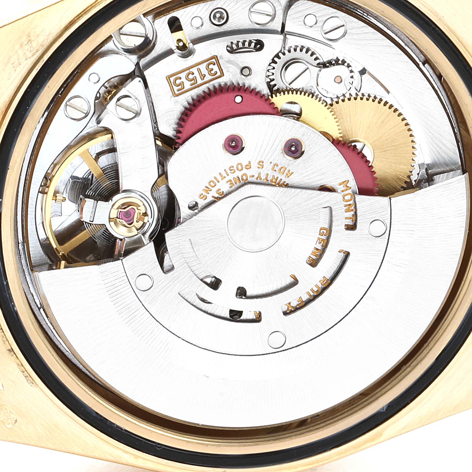 The image shows an internal view of the Rolex President 18238 Men's Yellow Gold Champagne Dial 18238 Men's Yellow Gold Champagne Dial model, highlighting its intricate mechanical movement.