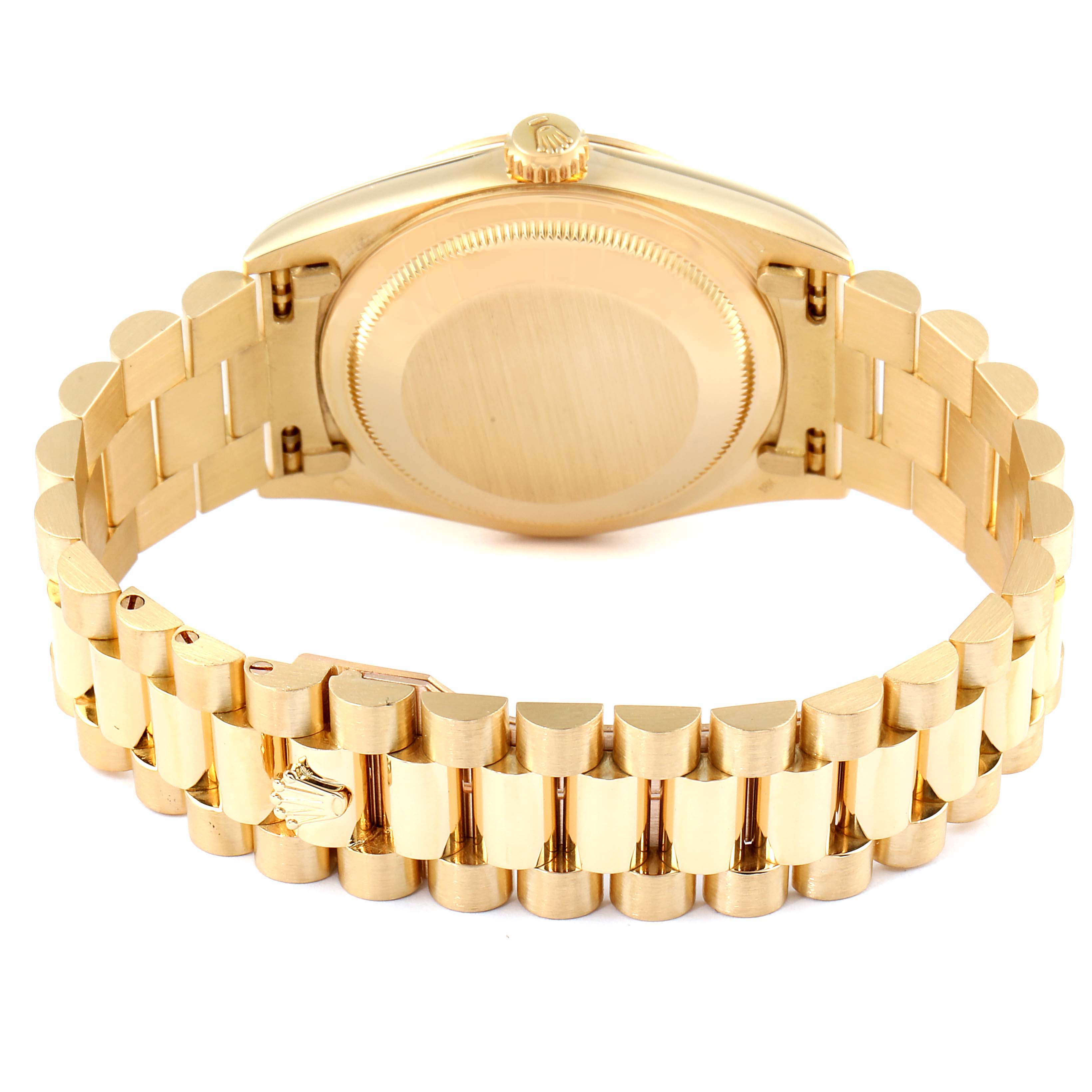 The image shows the back view of a Rolex President 18238 Men's Yellow Gold Champagne Dial 18238 Men's Yellow Gold Champagne Dial model watch, focusing on the gold bracelet and case back.