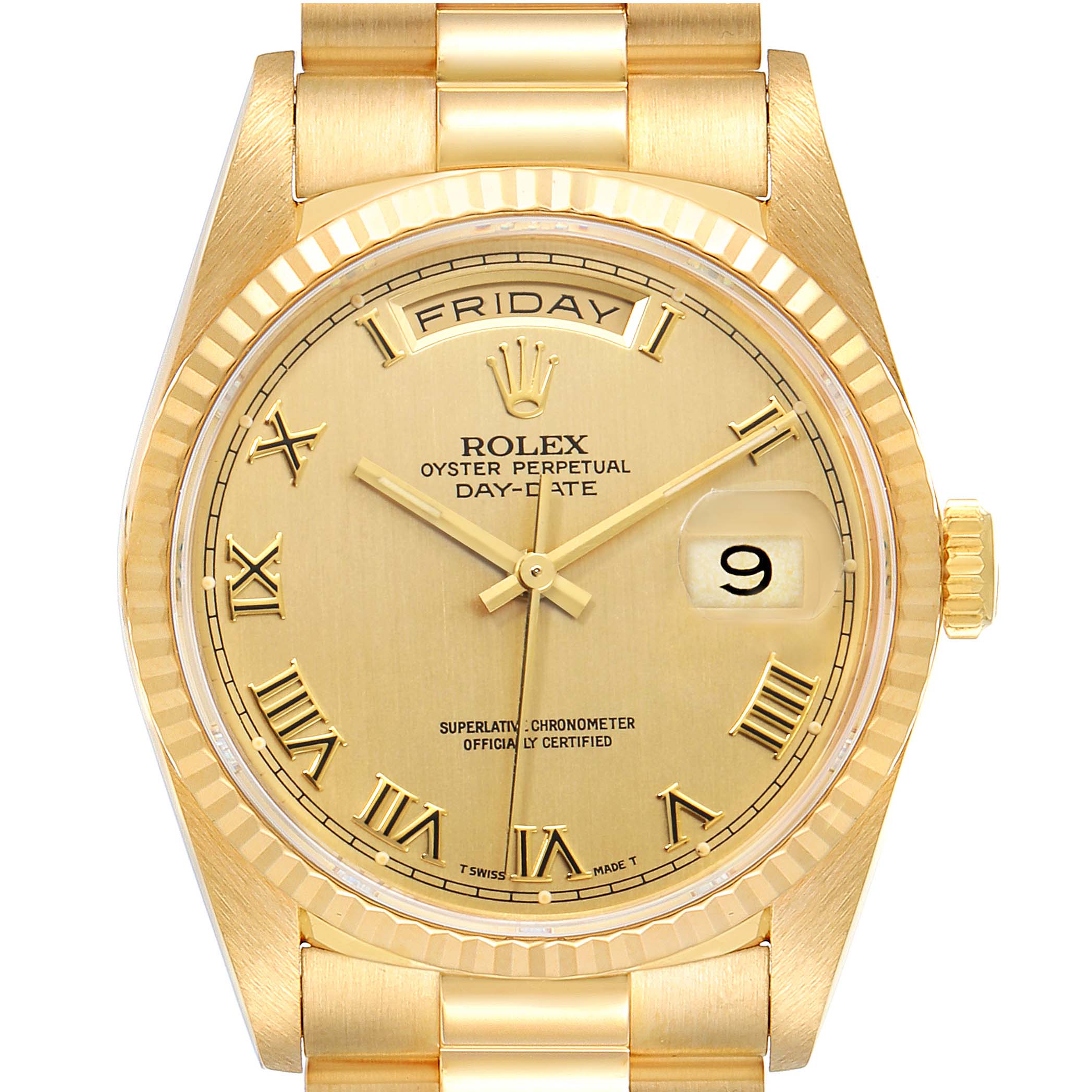 The image shows a front view of the Rolex President 18238 Men's Yellow Gold Champagne Dial 18238 Men's Yellow Gold Champagne Dial model, highlighting the dial, crown, and part of the bracelet.
