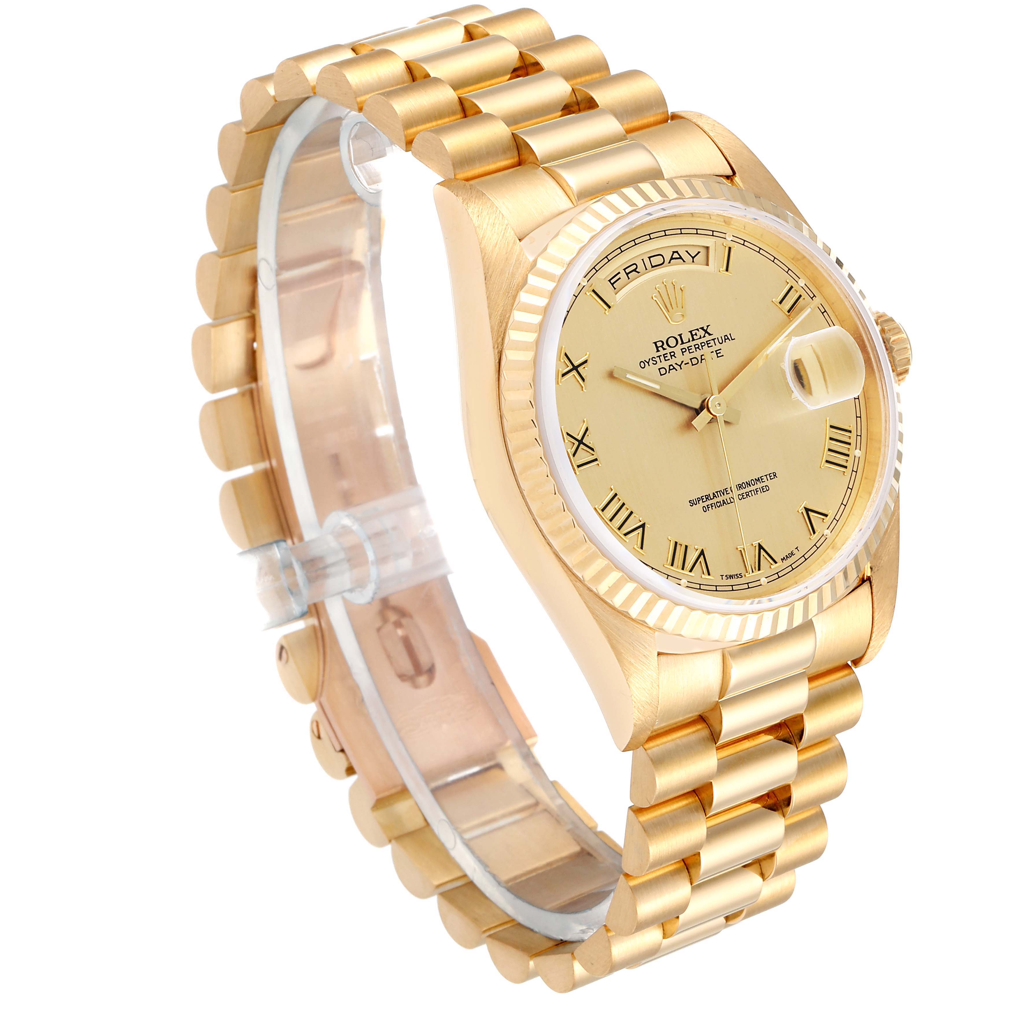 The image shows a Rolex President 18238 Men's Yellow Gold Champagne Dial 18238 Men's Yellow Gold Champagne Dial model watch at a three-quarter angle, highlighting the face, bezel, bracelet, and crown.