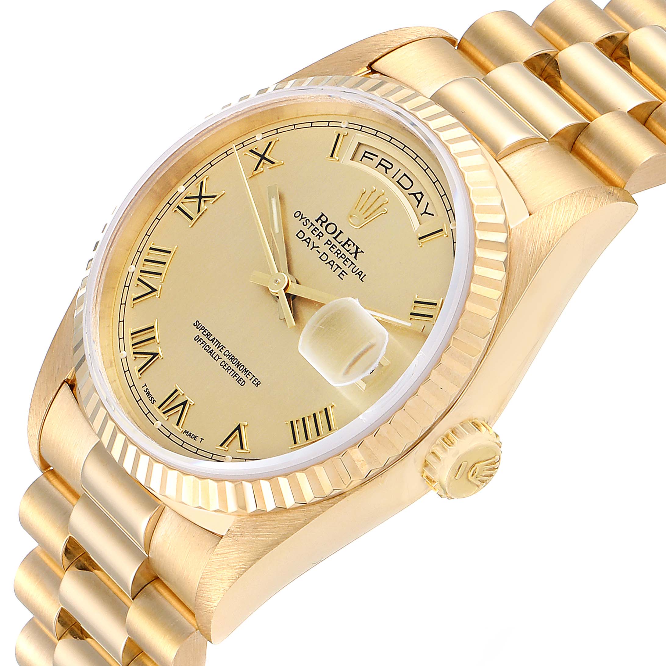 The image shows a close-up angle of a gold Rolex President 18238 Men's Yellow Gold Champagne Dial 18238 Men's Yellow Gold Champagne Dial model watch, highlighting the dial, crown, and bracelet.
