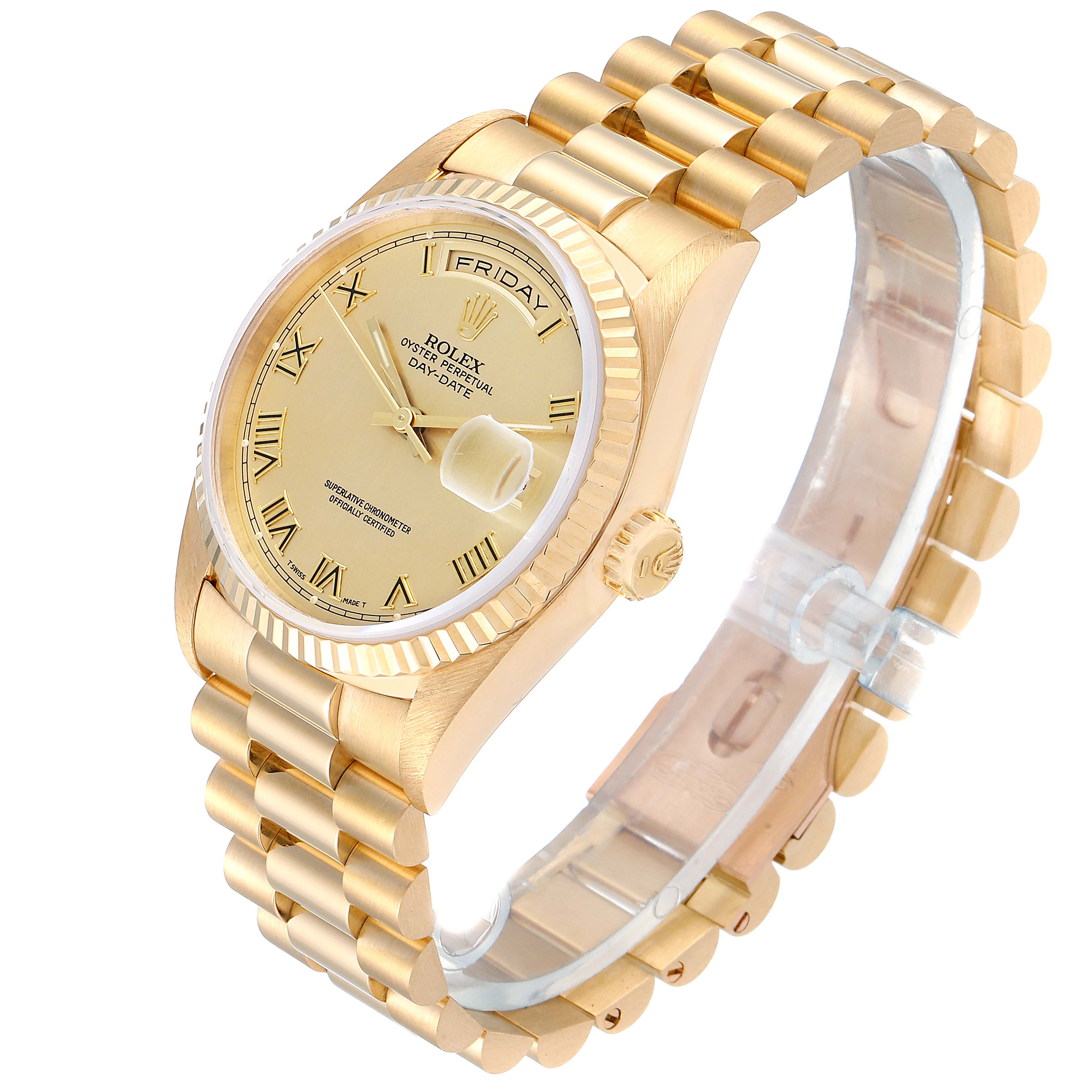 The image shows a side view of a Rolex President 18238 Men's Yellow Gold Champagne Dial 18238 Men's Yellow Gold Champagne Dial watch, highlighting its gold band, dial, and case.