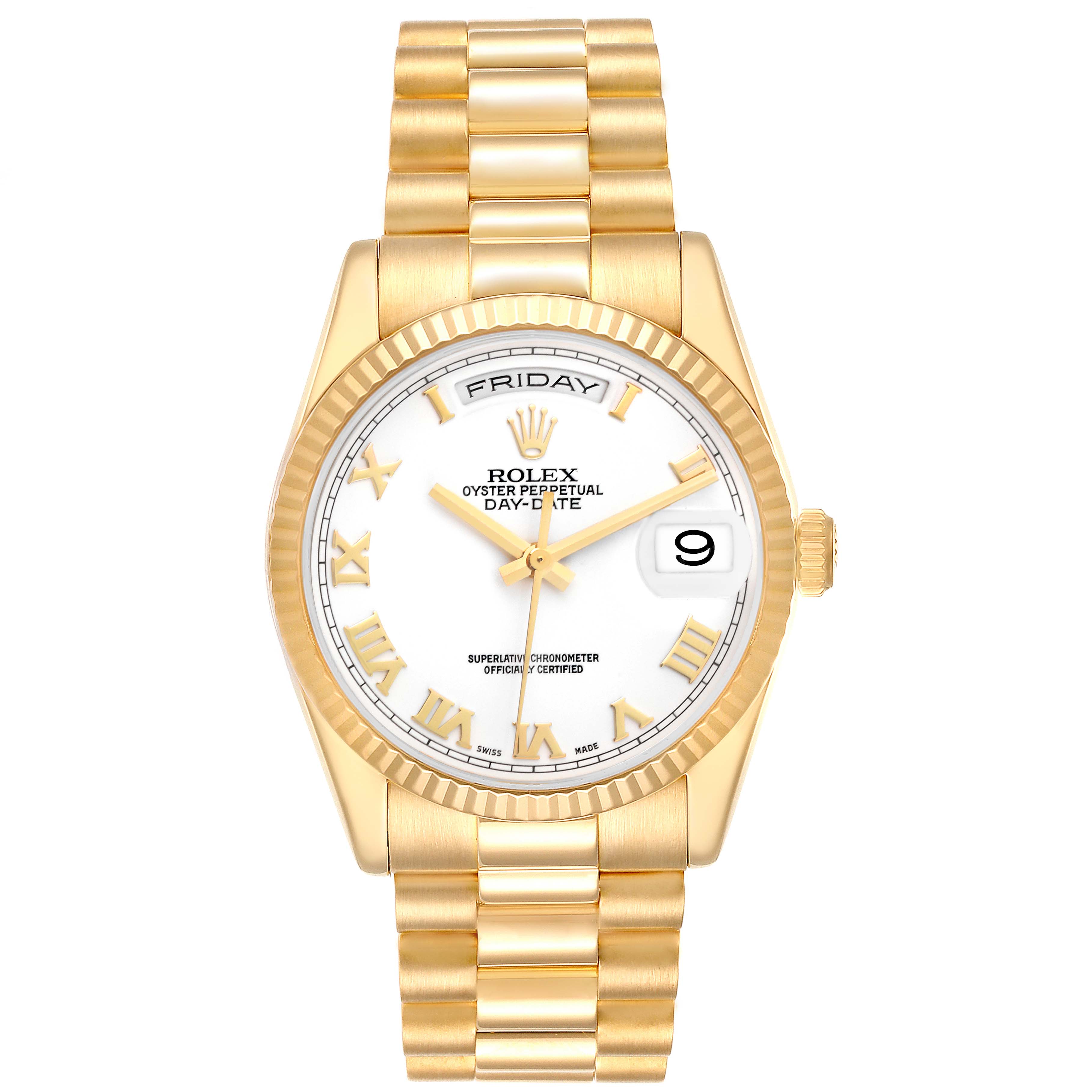 This image shows a front view of the Rolex President 118238 Men's Yellow Gold White Dial 118238 Men's Yellow Gold White Dial model watch, displaying the dial, bezel, and bracelet.