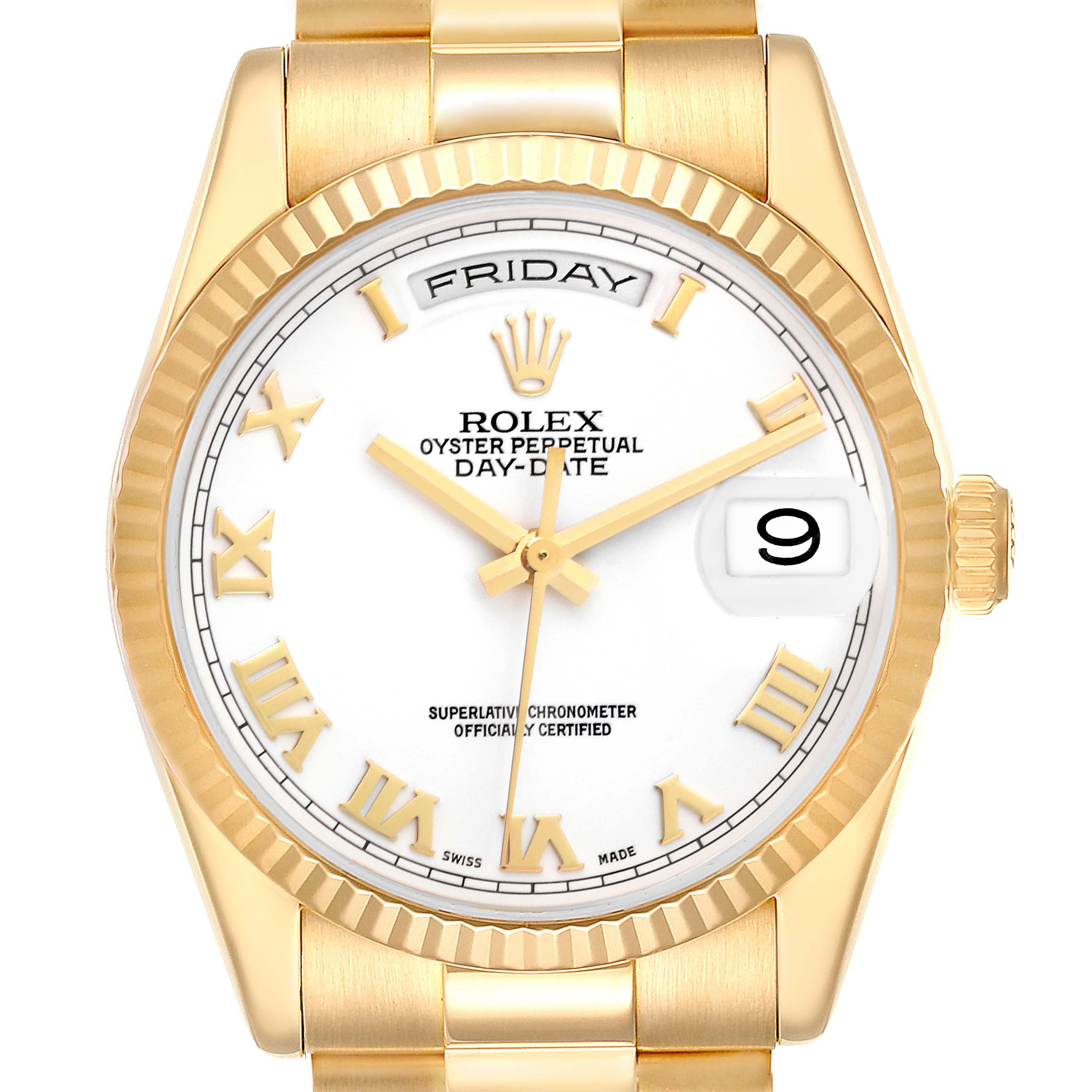 This is a frontal view of a Rolex President 118238 Men's Yellow Gold White Dial 118238 Men's Yellow Gold White Dial model watch, showcasing its face, hands, bezel, and part of the bracelet.
