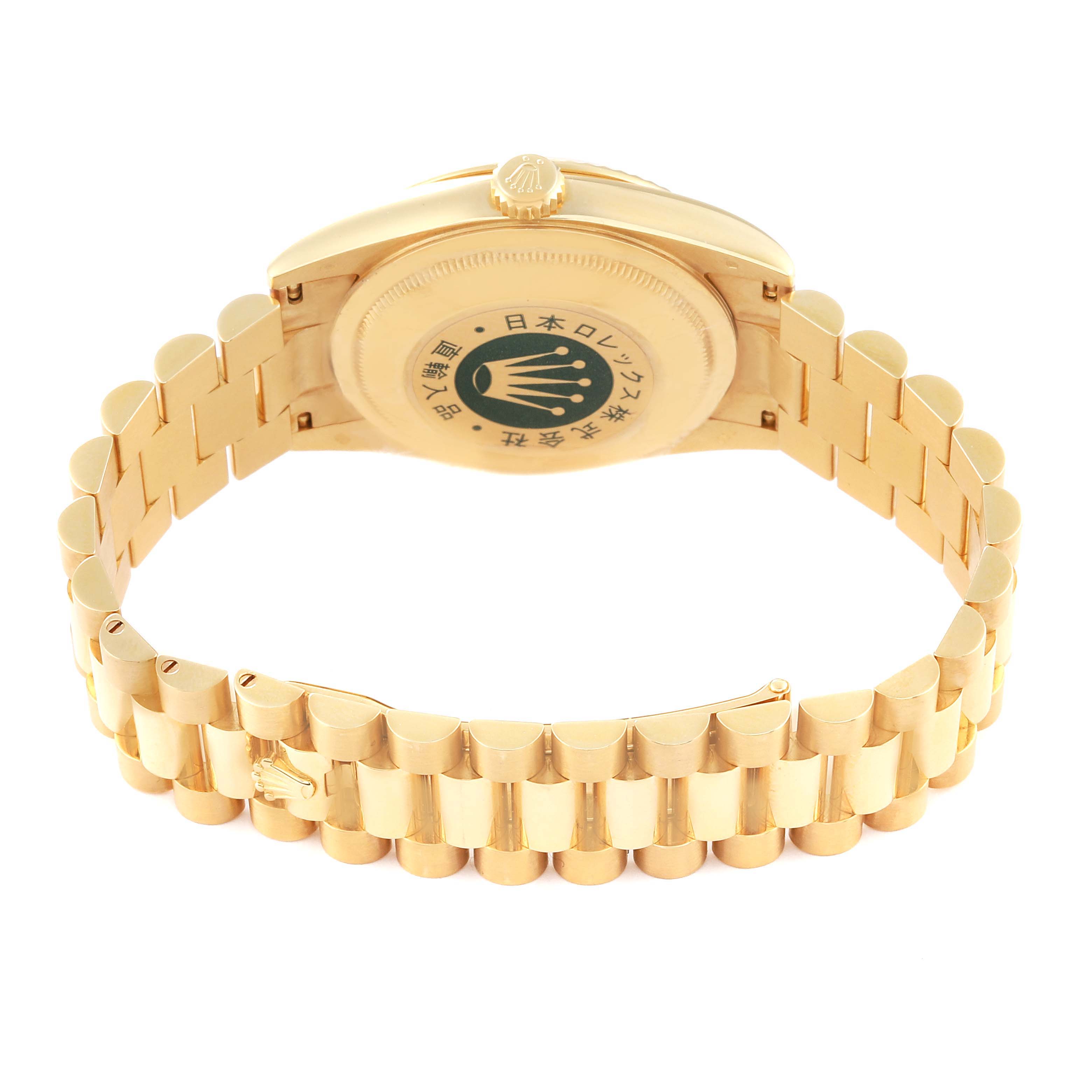 The image shows the back view of a Rolex President 118238 Men's Yellow Gold White Dial 118238 Men's Yellow Gold White Dial model watch, highlighting the case back and bracelet.