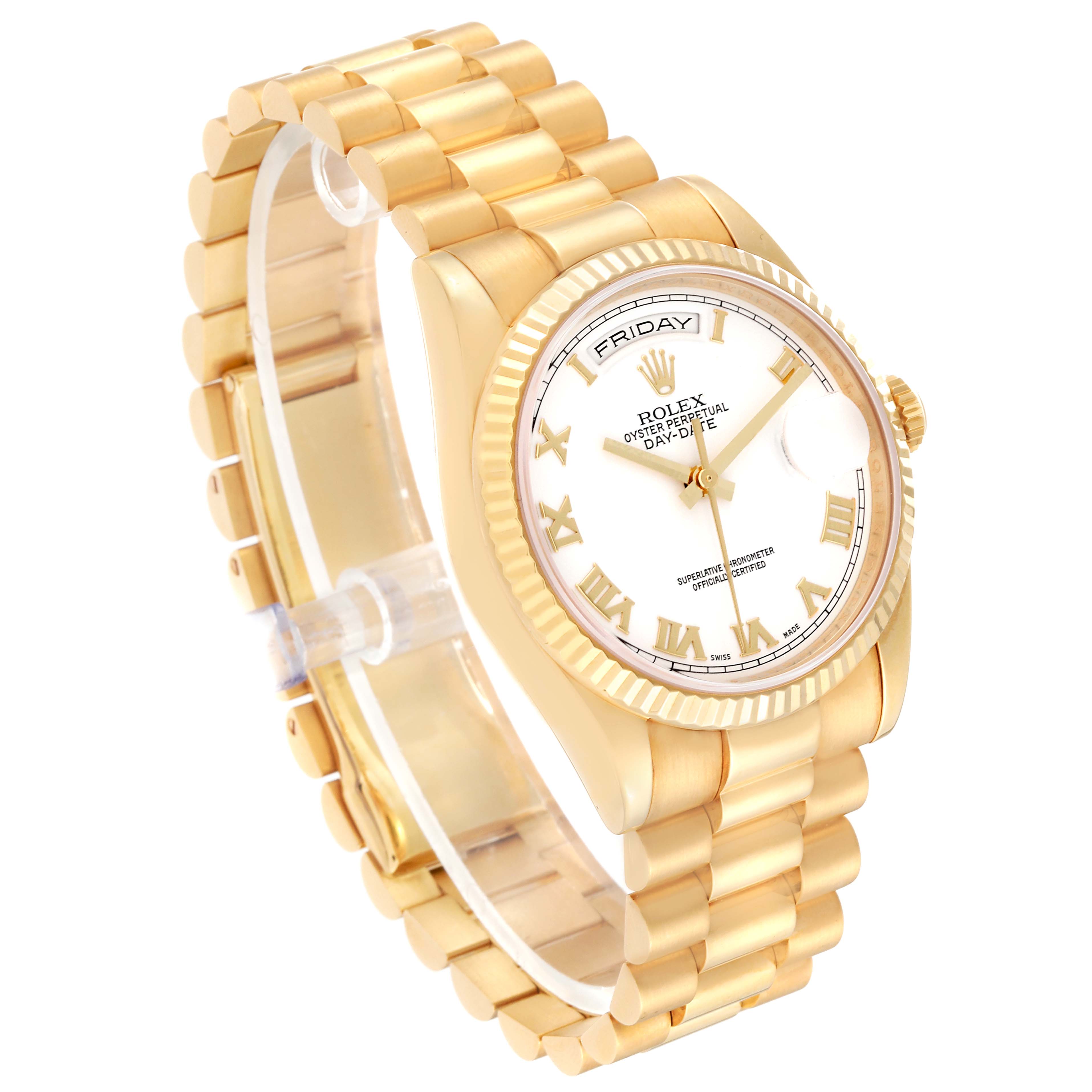 This image shows a gold Rolex President 118238 Men's Yellow Gold White Dial 118238 Men's Yellow Gold White Dial model watch angled to display its face, band, and side profile.