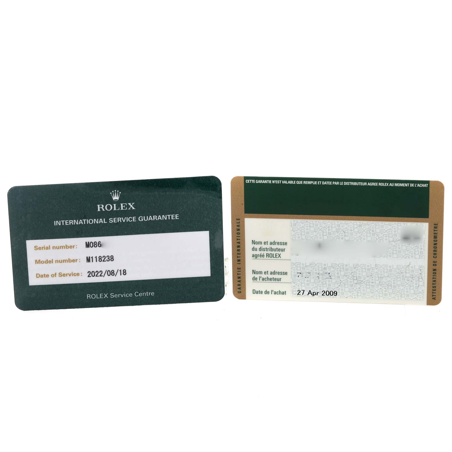 The image shows guarantee and service cards for a Rolex President 118238 Men's Yellow Gold White Dial 118238 Men's Yellow Gold White Dial model watch.