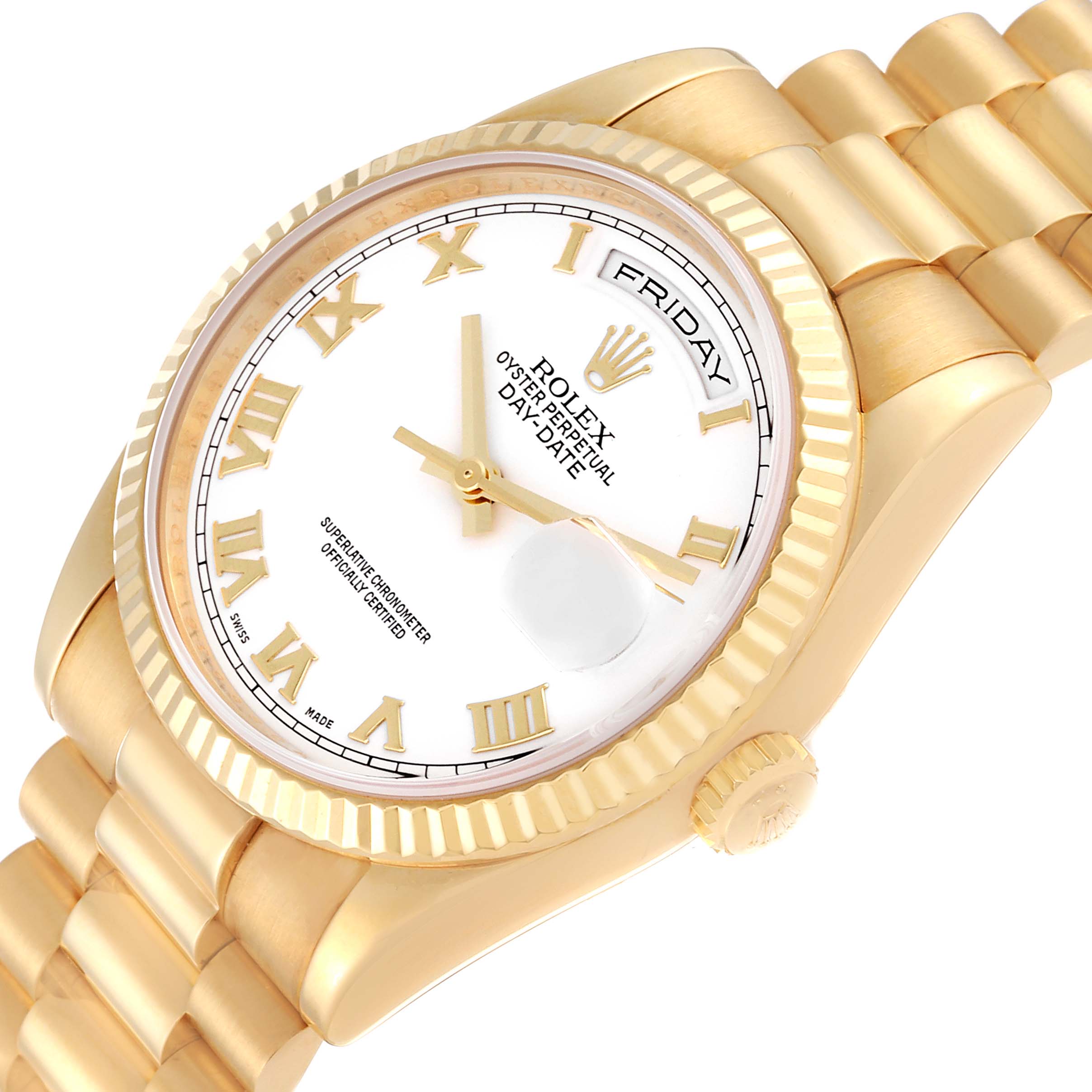 This image shows a close-up angle of the Rolex President 118238 Men's Yellow Gold White Dial 118238 Men's Yellow Gold White Dial model watch, highlighting the face, bezel, crown, and part of the bracelet.