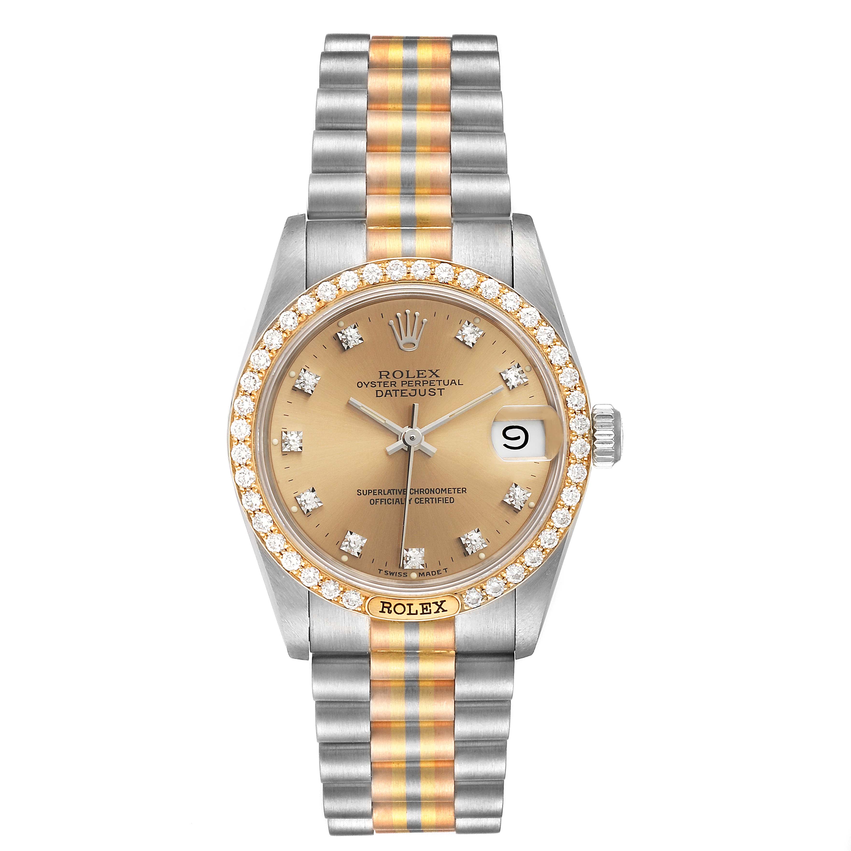 The image shows a frontal view of a Rolex President 68149 Women's White Gold Brown Dial 68149 Women's White Gold Brown Dial model watch, featuring a champagne dial, diamond bezel, and two-tone metal bracelet.