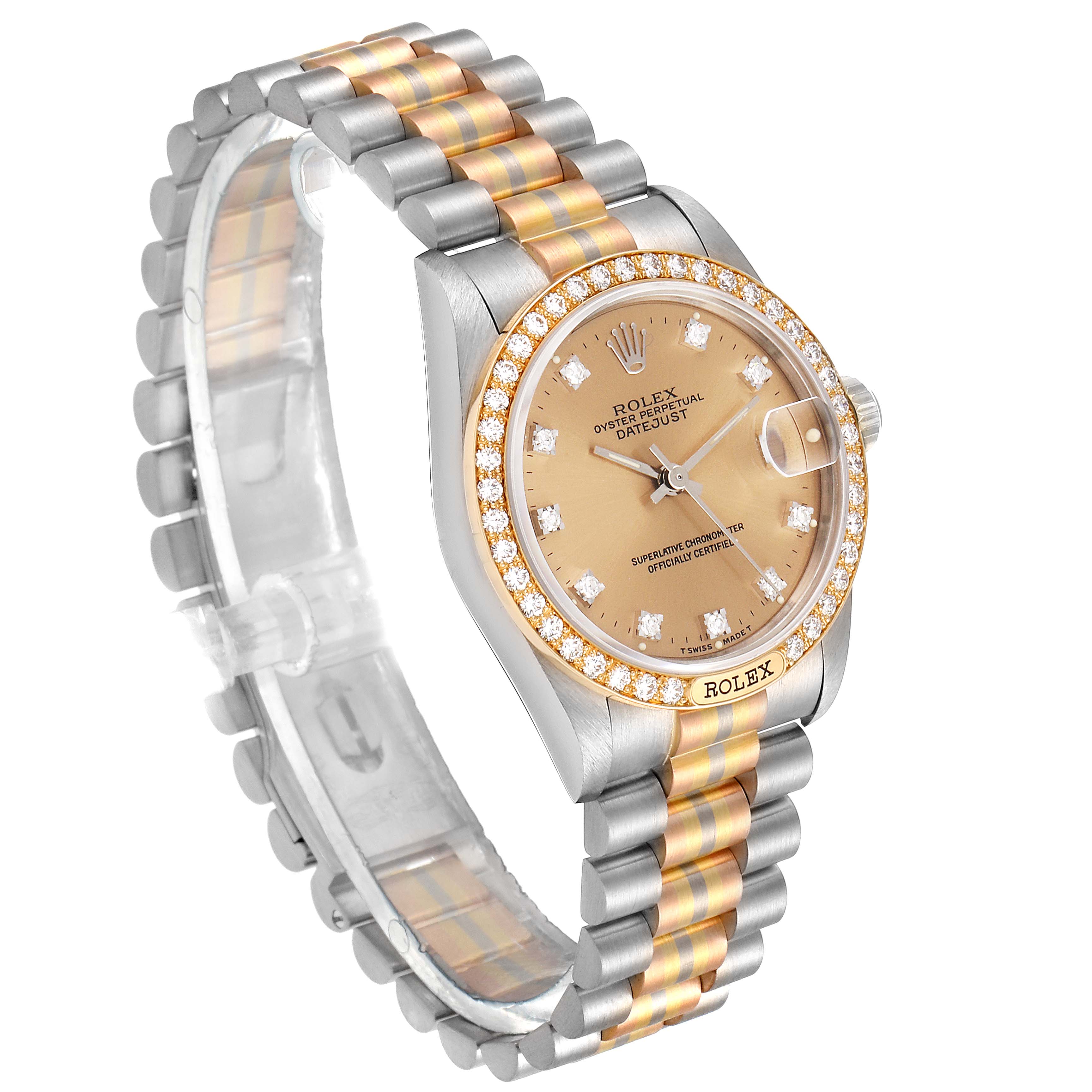 The image shows a Rolex President 68149 Women's White Gold Brown Dial 68149 Women's White Gold Brown Dial model watch from an angled view highlighting the dial, bezel, and two-tone bracelet.