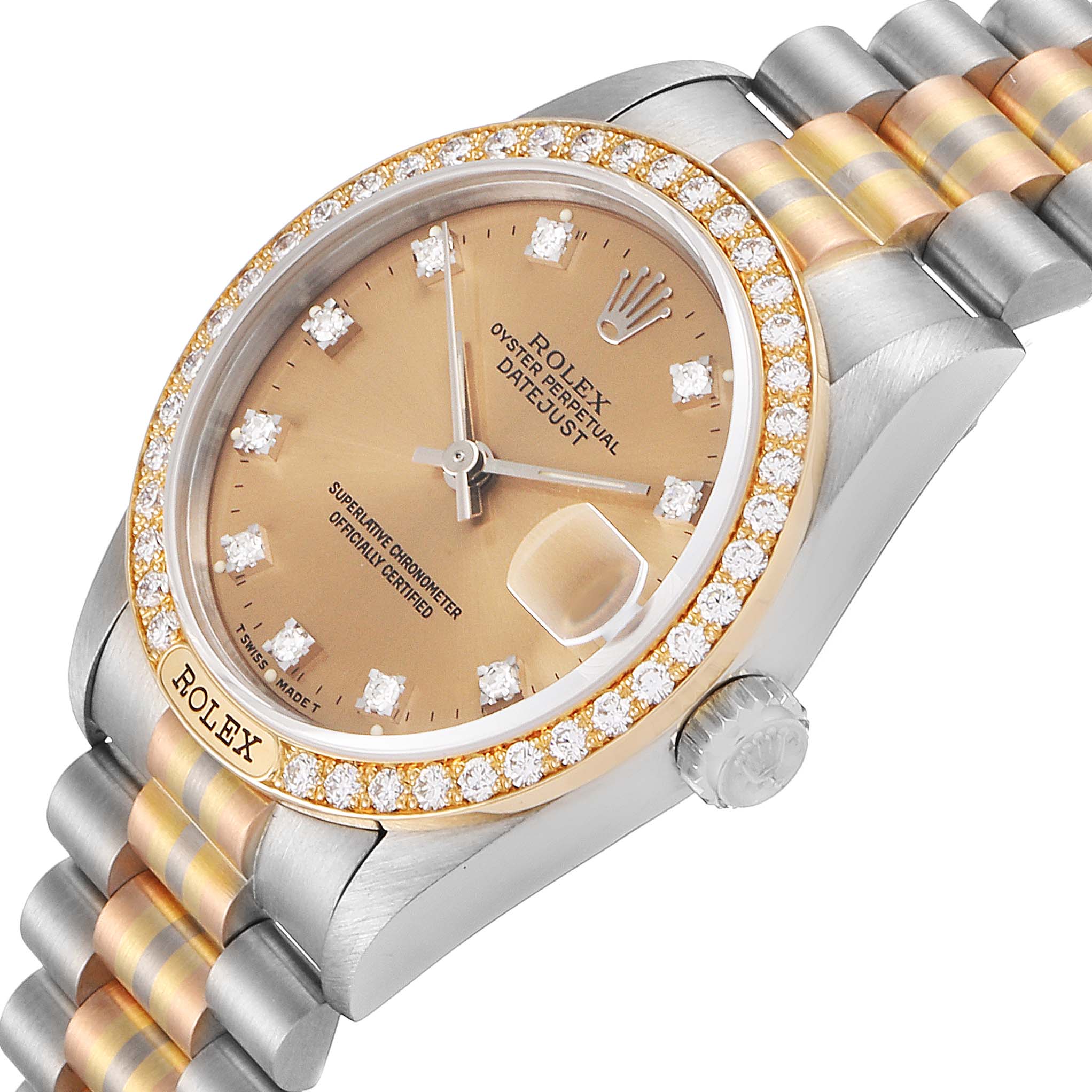 The image shows the face, crown, and part of the band of the Rolex President 68149 Women's White Gold Brown Dial 68149 Women's White Gold Brown Dial model watch at an angled top view.