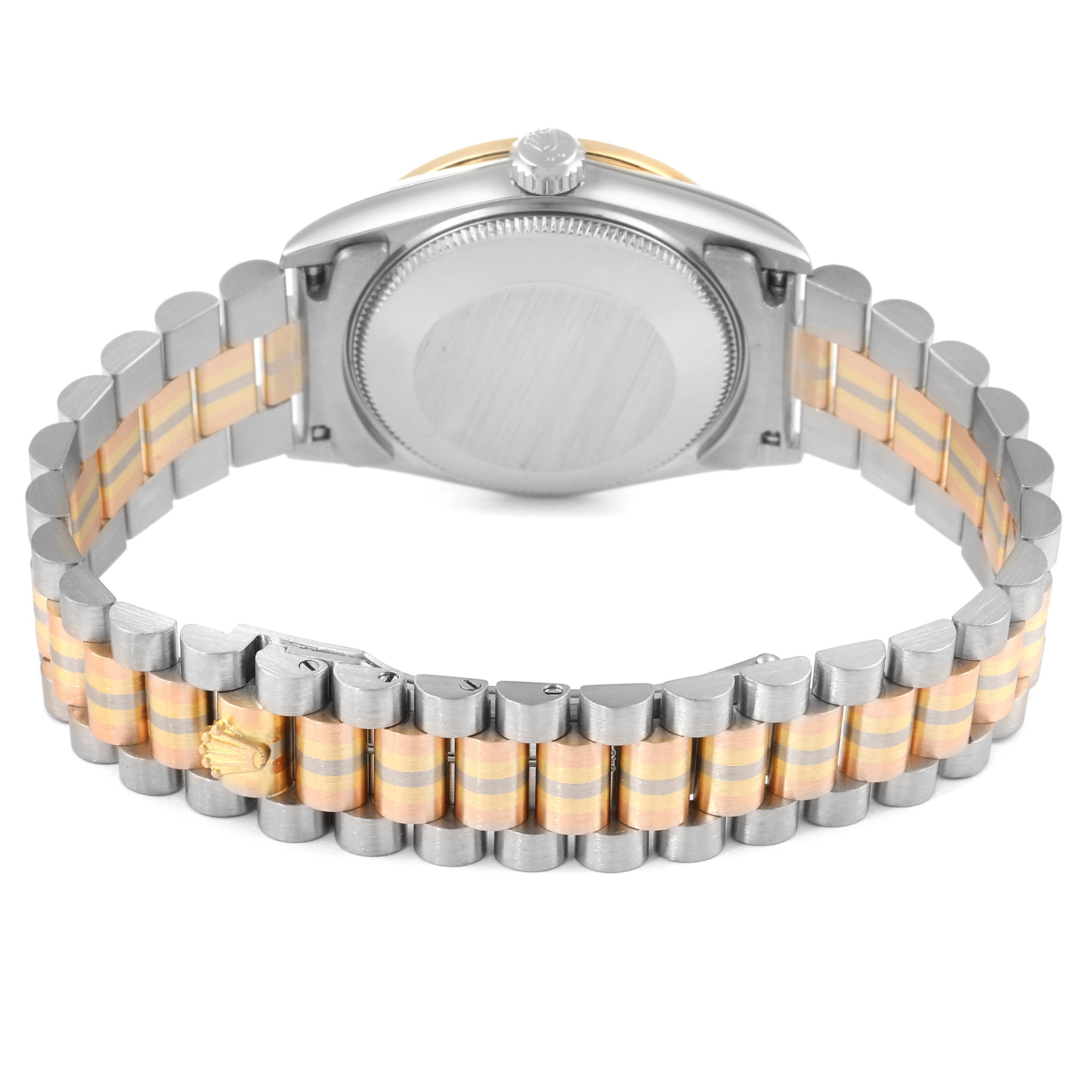 This image shows the back and band of the Rolex President 68149 Women's White Gold Brown Dial 68149 Women's White Gold Brown Dial model watch.