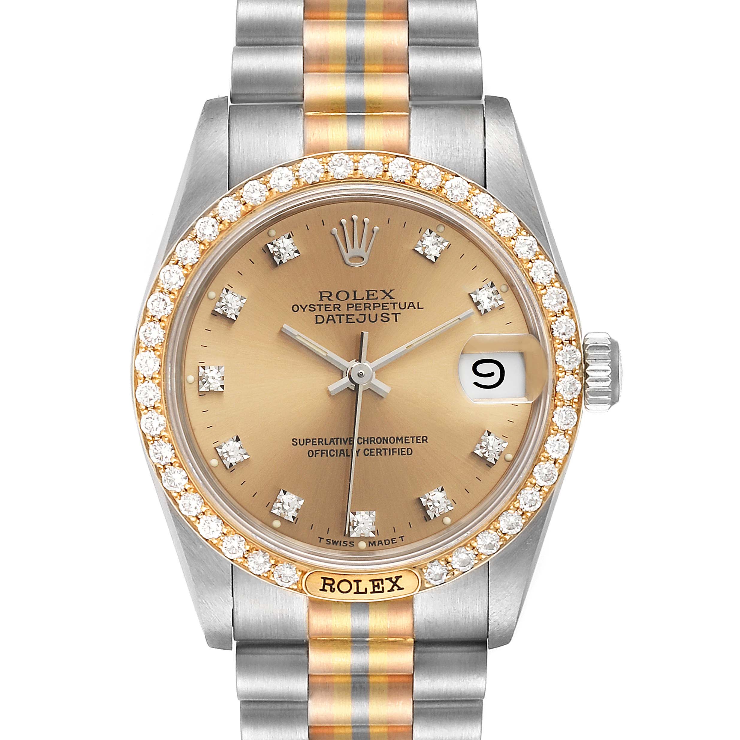 The image shows a close-up front view of a Rolex President 68149 Women's White Gold Brown Dial 68149 Women's White Gold Brown Dial Datejust watch, displaying the dial, bezel, and bracelet.
