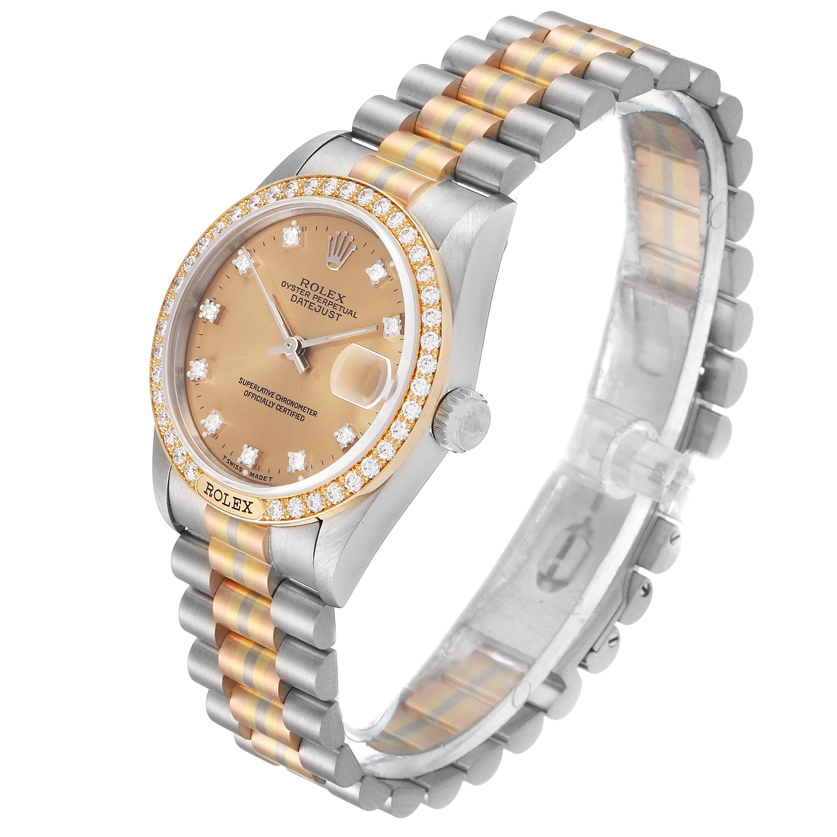 The image displays a Rolex President 68149 Women's White Gold Brown Dial 68149 Women's White Gold Brown Dial model watch from an angled side view, highlighting the bracelet, bezel, and dial.