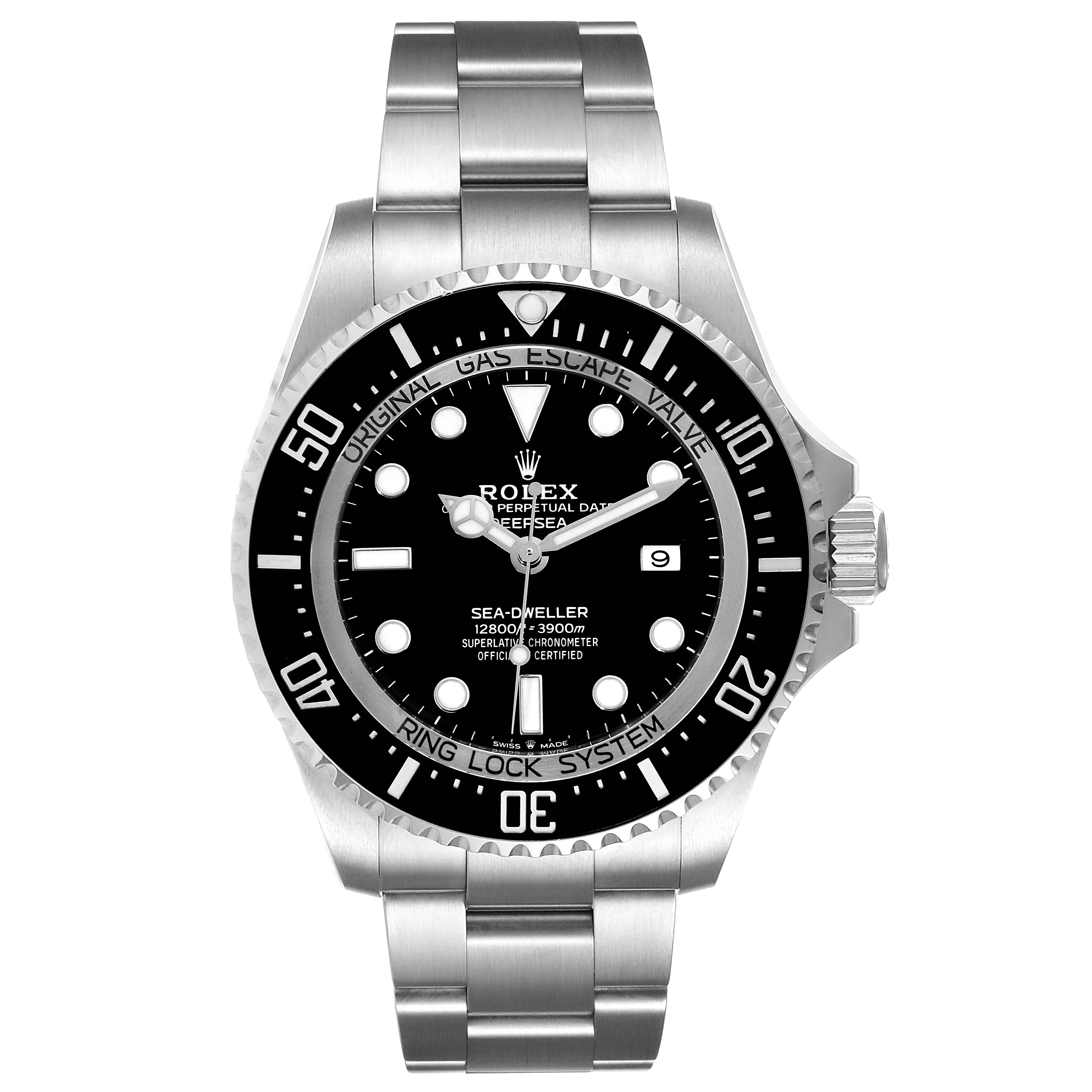 The Rolex Sea-Dweller 126660 Men
s Stainless Steel Black Dial 126660 Men
s Stainless Steel Black Dial watch is shown from a front angle, displaying the face, bezel, and bracelet.