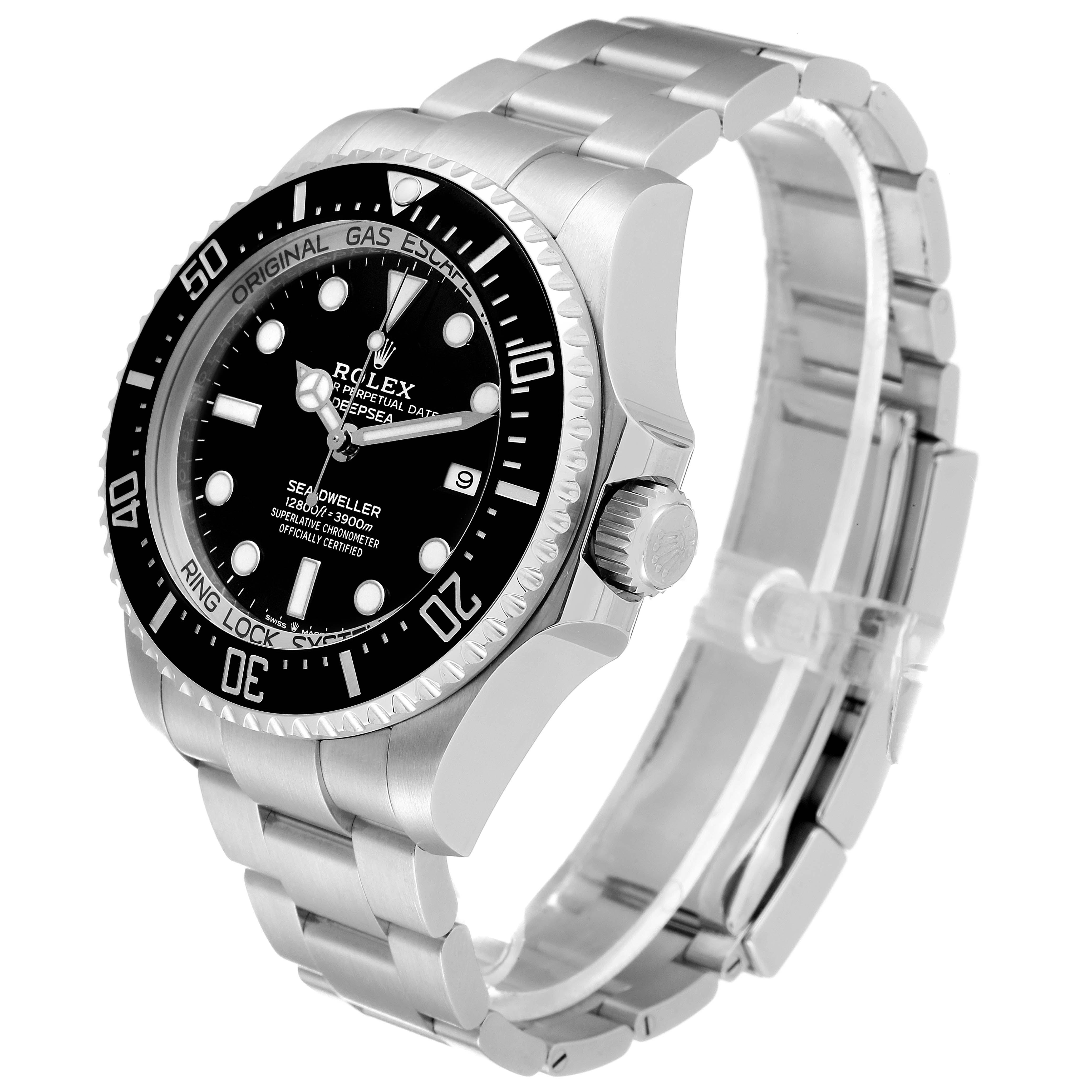 The Rolex Sea-Dweller 126660 Men
s Stainless Steel Black Dial 126660 Men
s Stainless Steel Black Dial watch is shown at an oblique angle highlighting the face, bezel, and stainless steel bracelet.