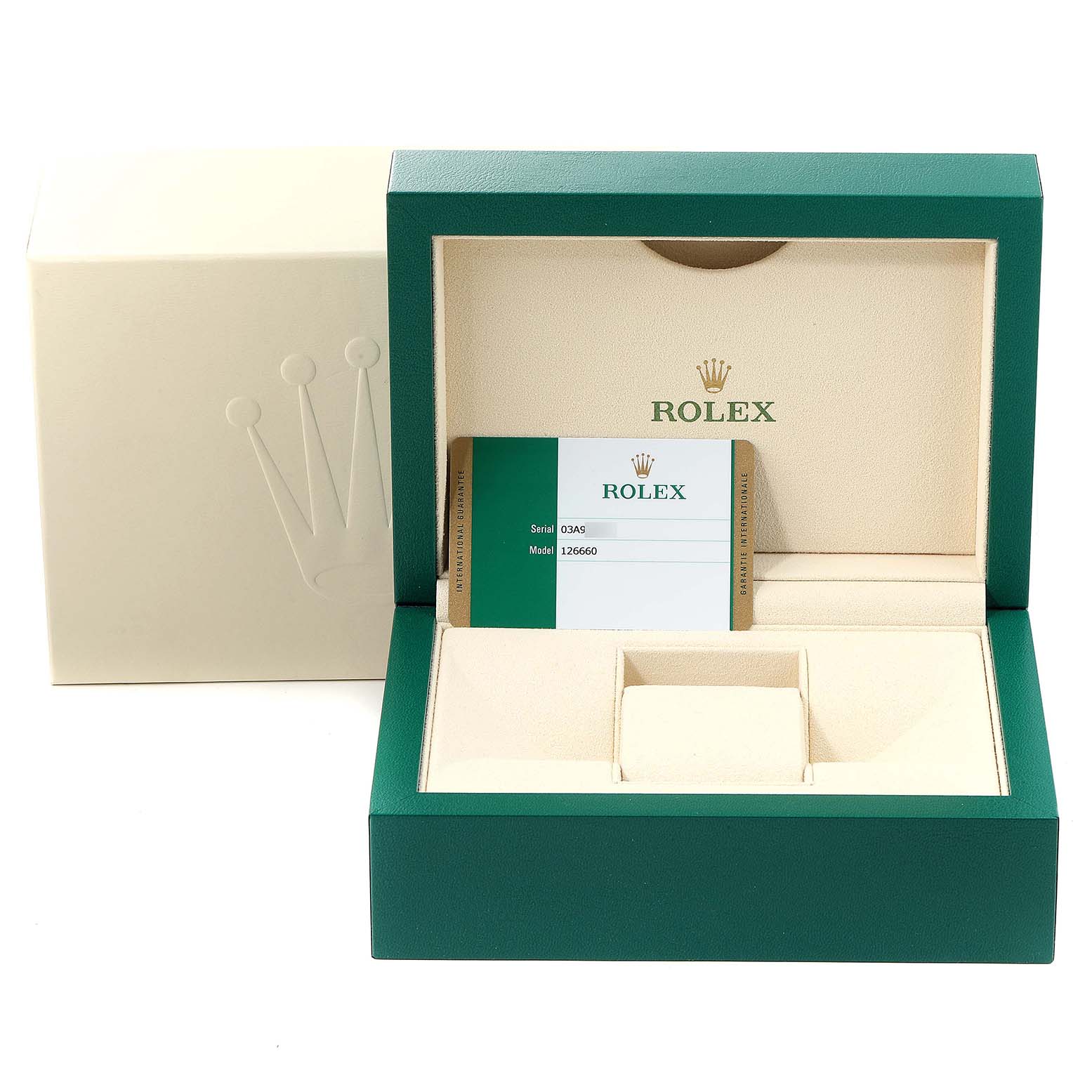 The image shows the open box and Best Quality
ity card for a Rolex Sea-Dweller 126660 Men
s Stainless Steel Black Dial 126660 Men
s Stainless Steel Black Dial model.